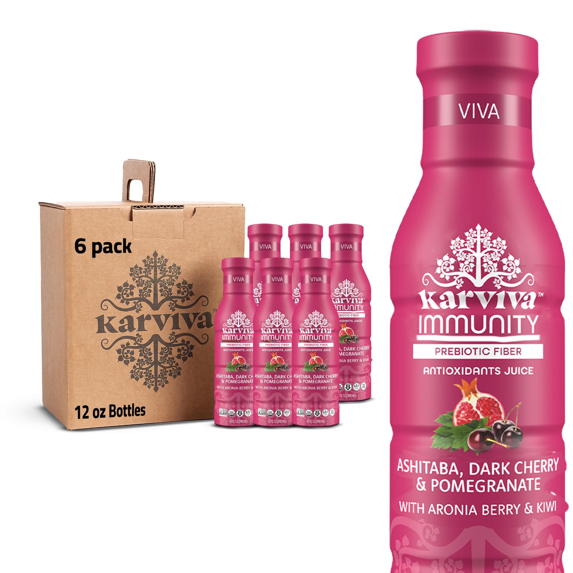 Karviva Organic Juice with Ashitaba, Pomegranate, and Dark Cherry, Vitamin K, Vitamin C, Essential Minerals (6 Bottles, 12 fl. oz. each)