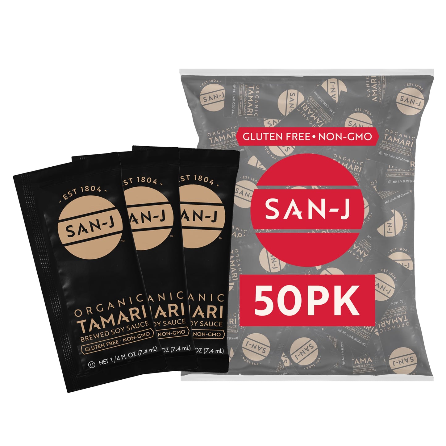 San-J Organic Tamari Soy Sauce, Gluten Free, Portion Packets, 1/4oz, 50 Pk