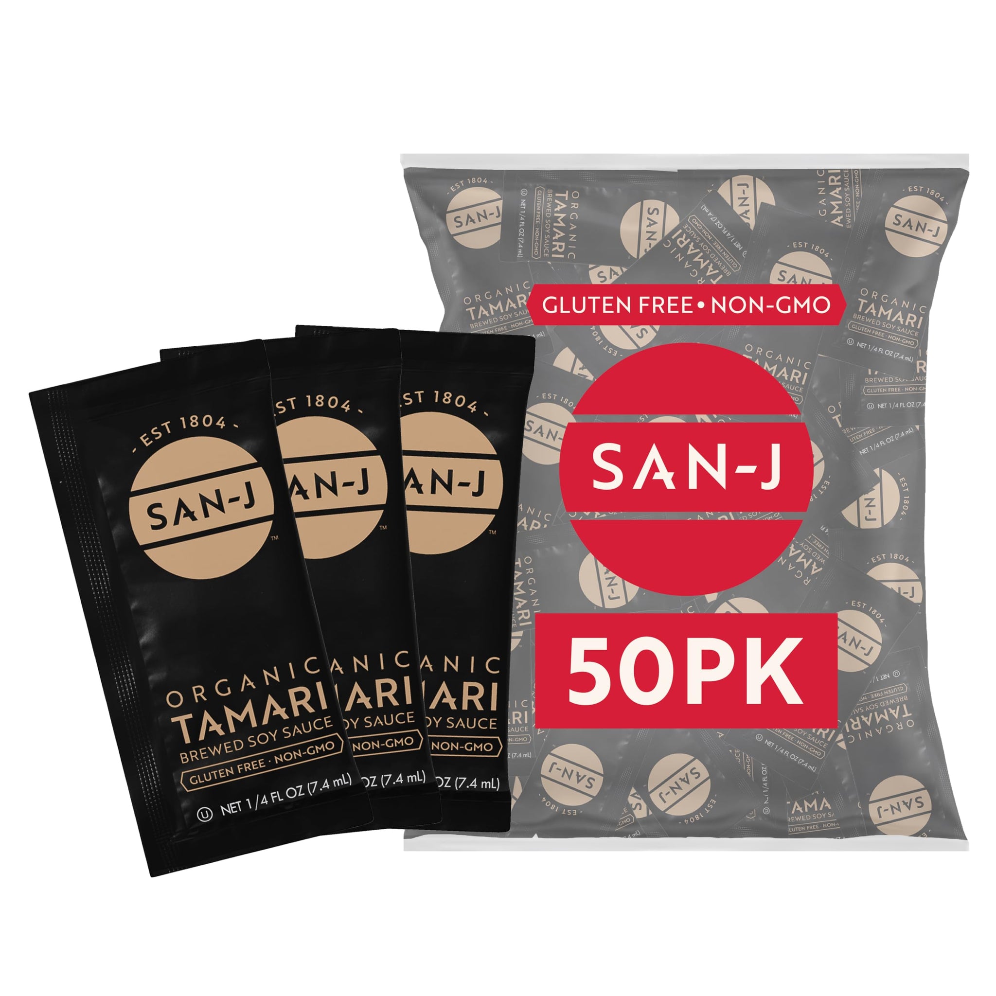 San-J Organic Tamari Soy Sauce, Gluten Free, Portion Packets, 1/4oz, 50 Pk