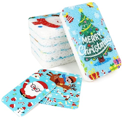 Christmas Theme Kitchen Sponge (12Pack) - Wood Pulp & Coconut Scrubber Sponges, High-Absorption Dishwashing Sponge with Festive Designs, Strong