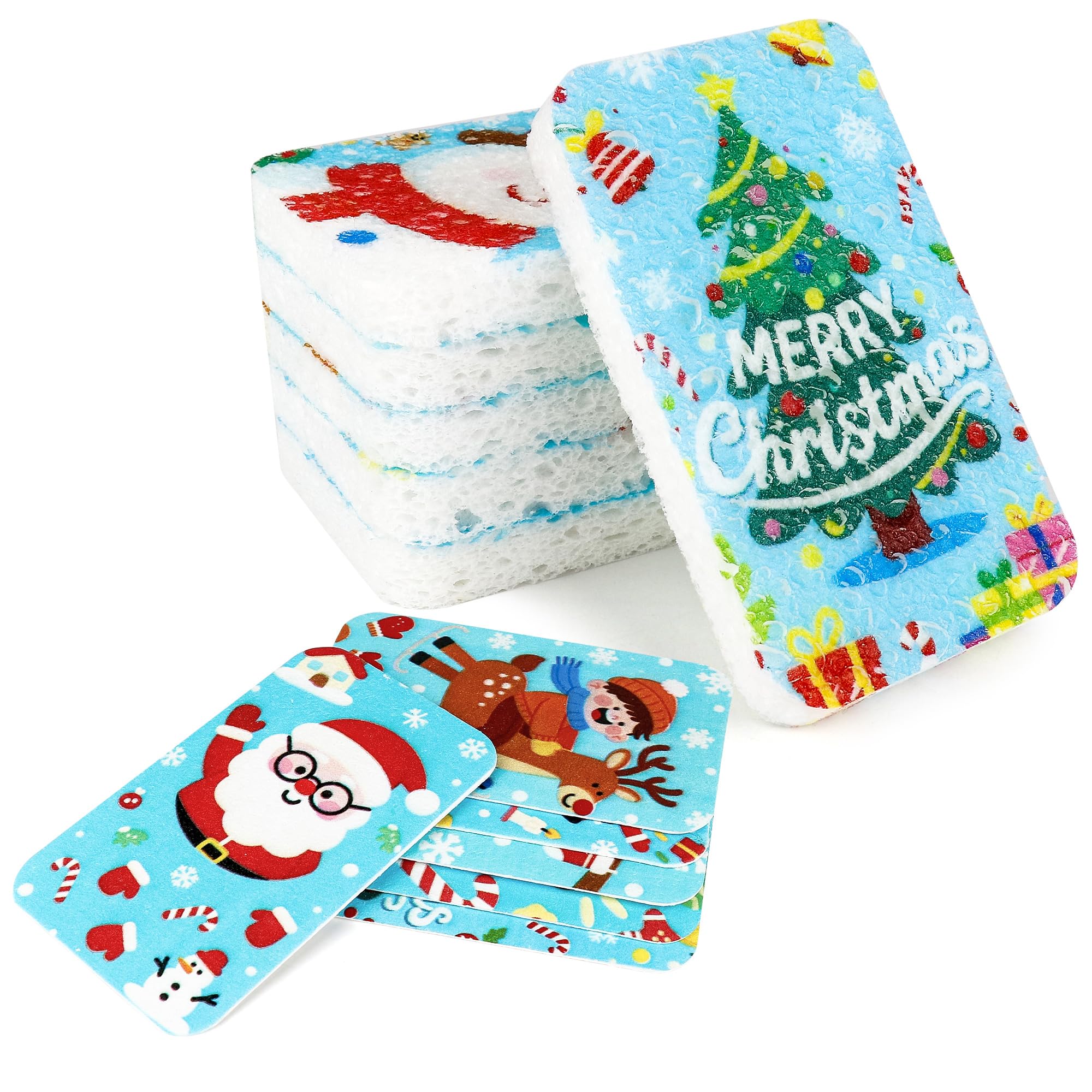 Christmas Theme Kitchen Sponge (12Pack) - Wood Pulp & Coconut Scrubber Sponges, High-Absorption Dishwashing Sponge with Festive Designs, Strong