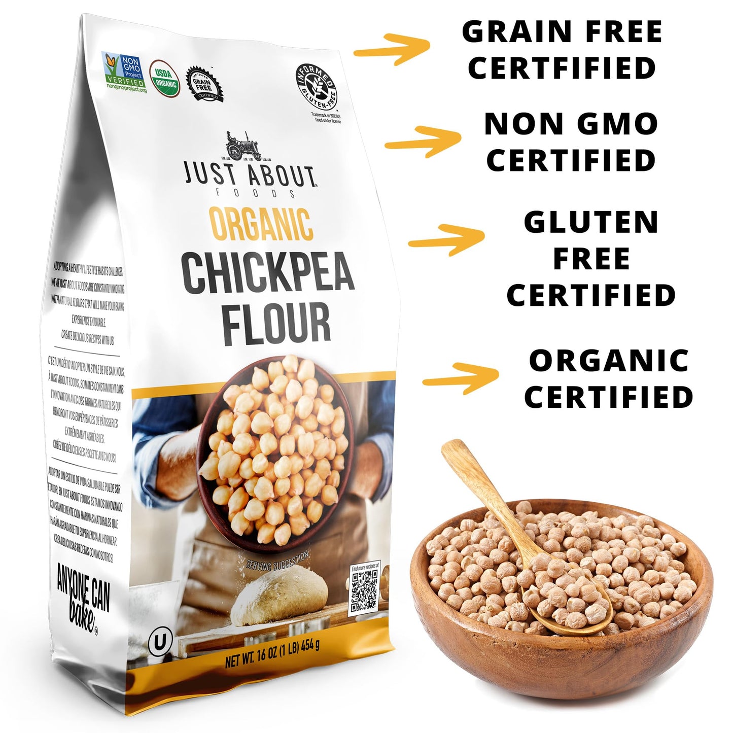 Organic Chickpea Flour 1lb (454 g) USDA Organic Gluten Free Grain free Non GMO Kosher Pack of 1 | Just About Foods