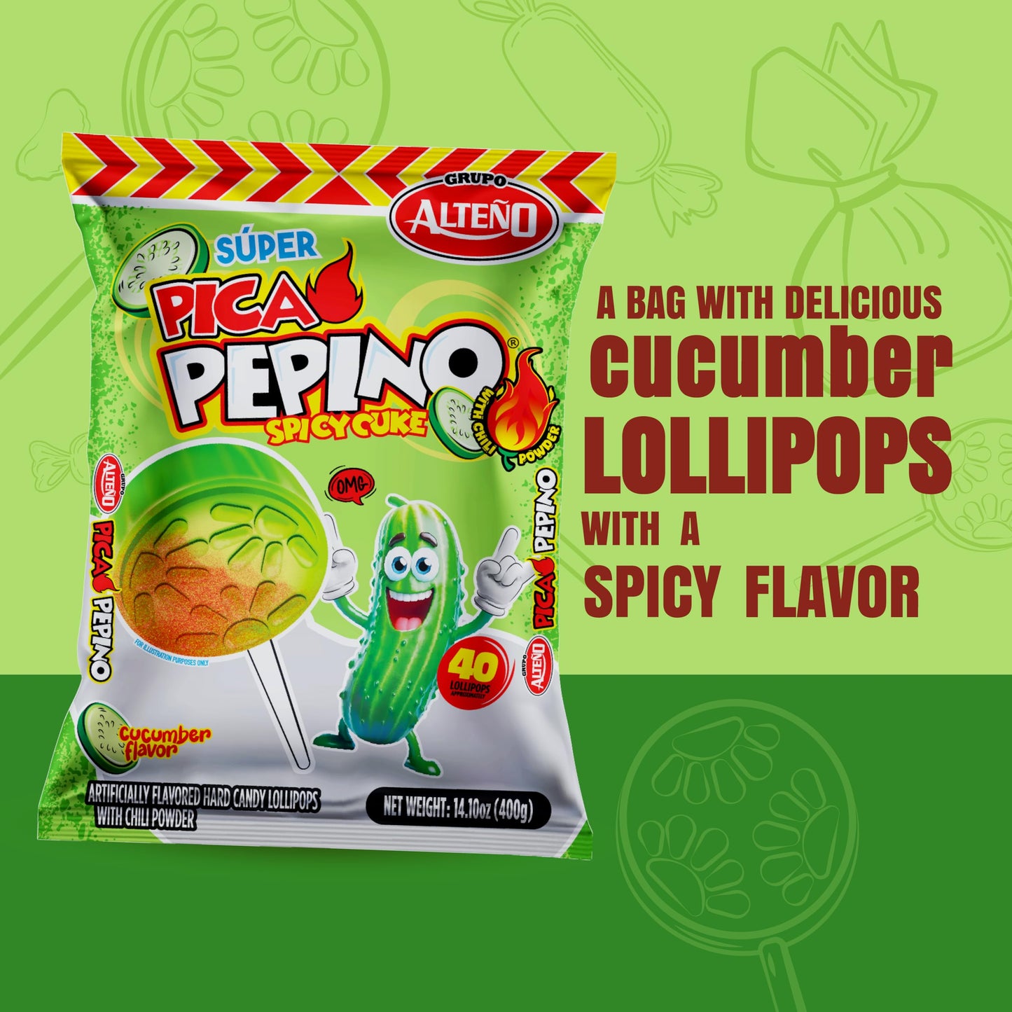 Alteño (Alteno) Super Pepino Cucumber Chili Lollipops, Mexican Style Spicy Candy, Individually Wrapped, 40 Count