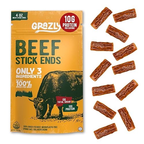 Grazly Plain Beef Stick Ends - Made With Only Grass-Fed Beef, Spring Salt & Collagen Casing - Bite-Sized High-Protein Meat Snack, 10g of Protein Per