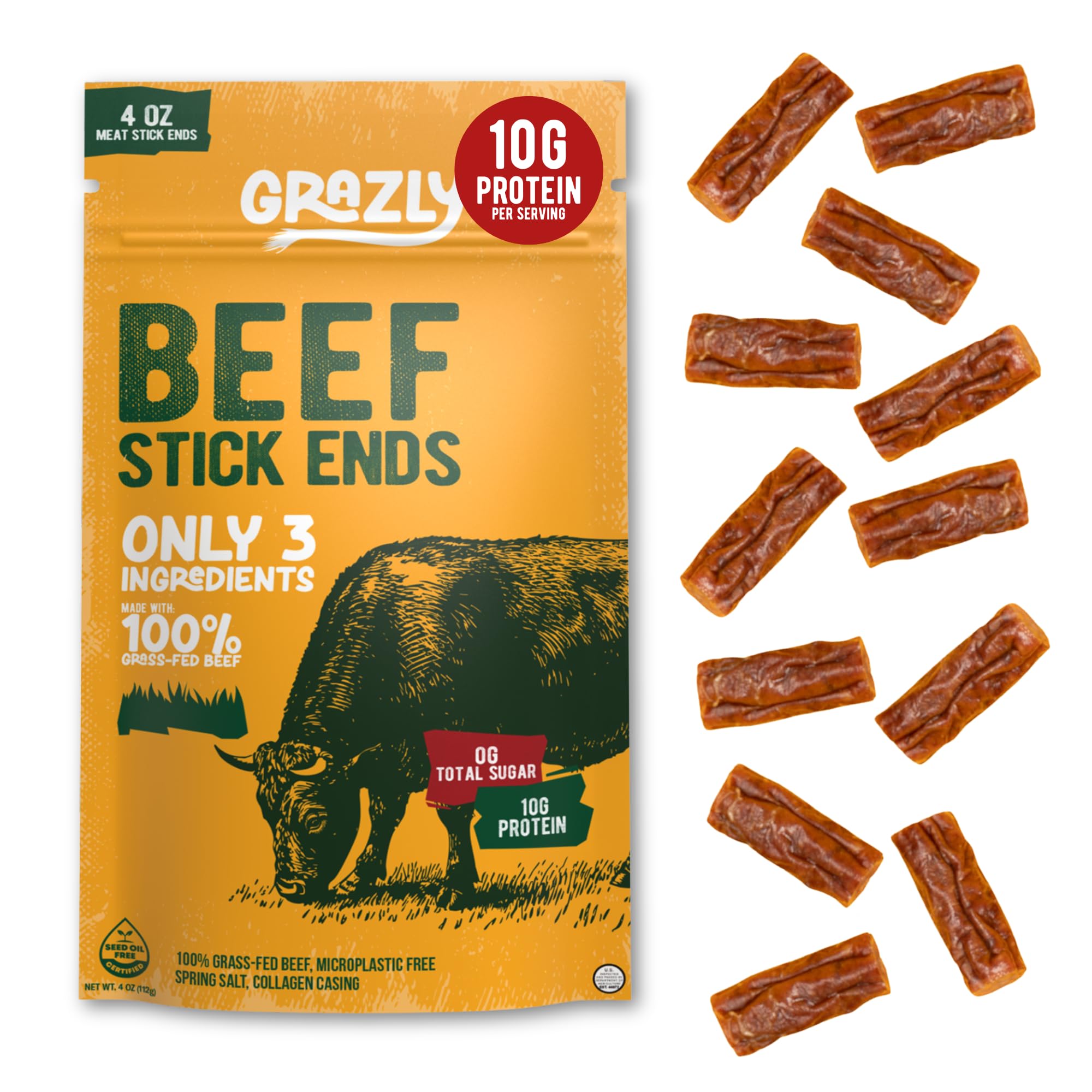 Grazly Plain Beef Stick Ends - Made With Only Grass-Fed Beef, Spring Salt & Collagen Casing - Bite-Sized High-Protein Meat Snack, 10g of Protein Per