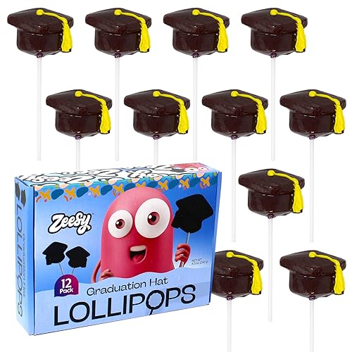 Graduation Cap Lollipops Individually Wrapped - 12 Black Candy Suckers, Graduation Hat Treats for Party Favors & Grad Celebration Supplies
