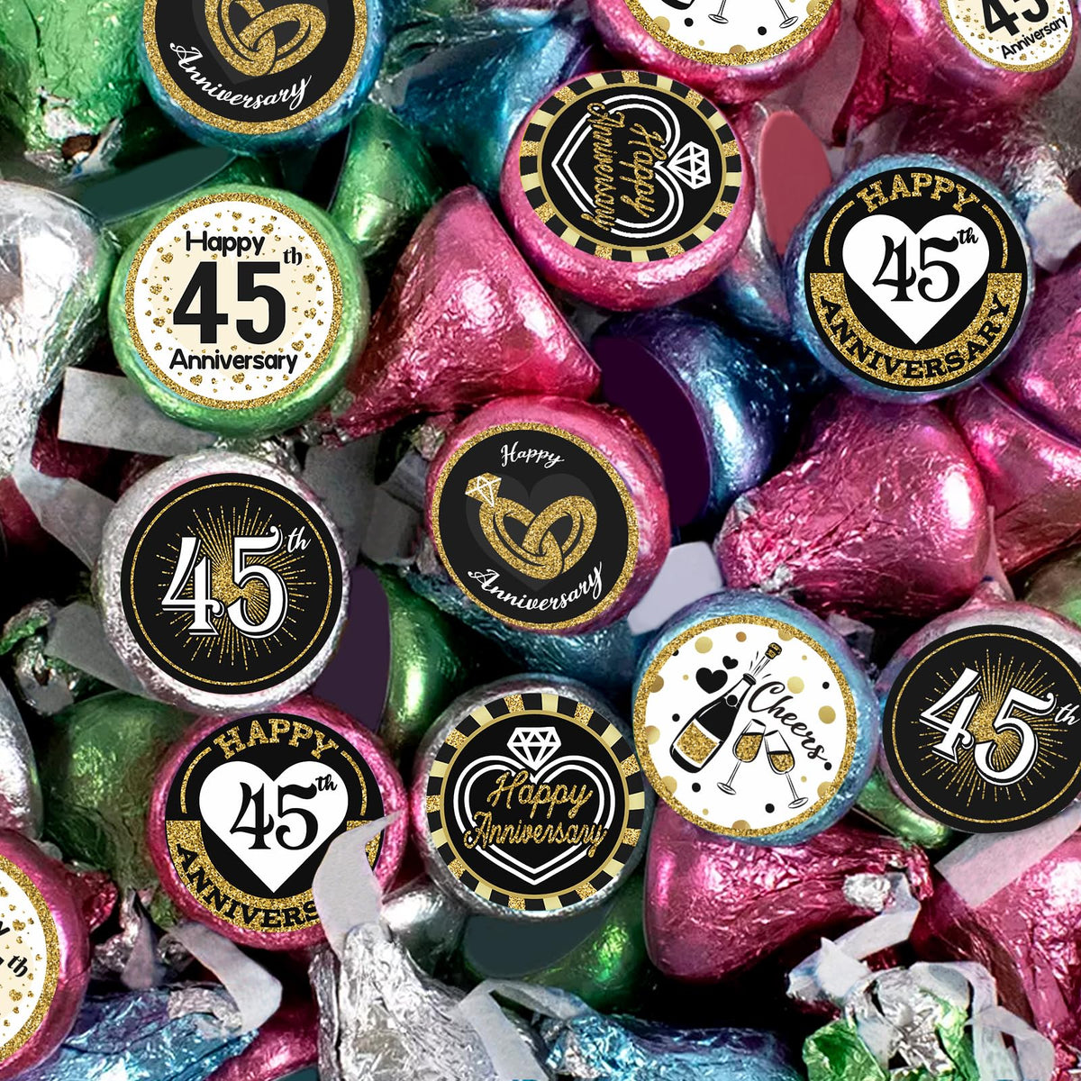 Black and Gold 45th Anniversary Kisses Stickers, 180 Count 0.75" Round Candy Labels, Chocolate Favor Stickers for 45th Wedding Anniversary Party