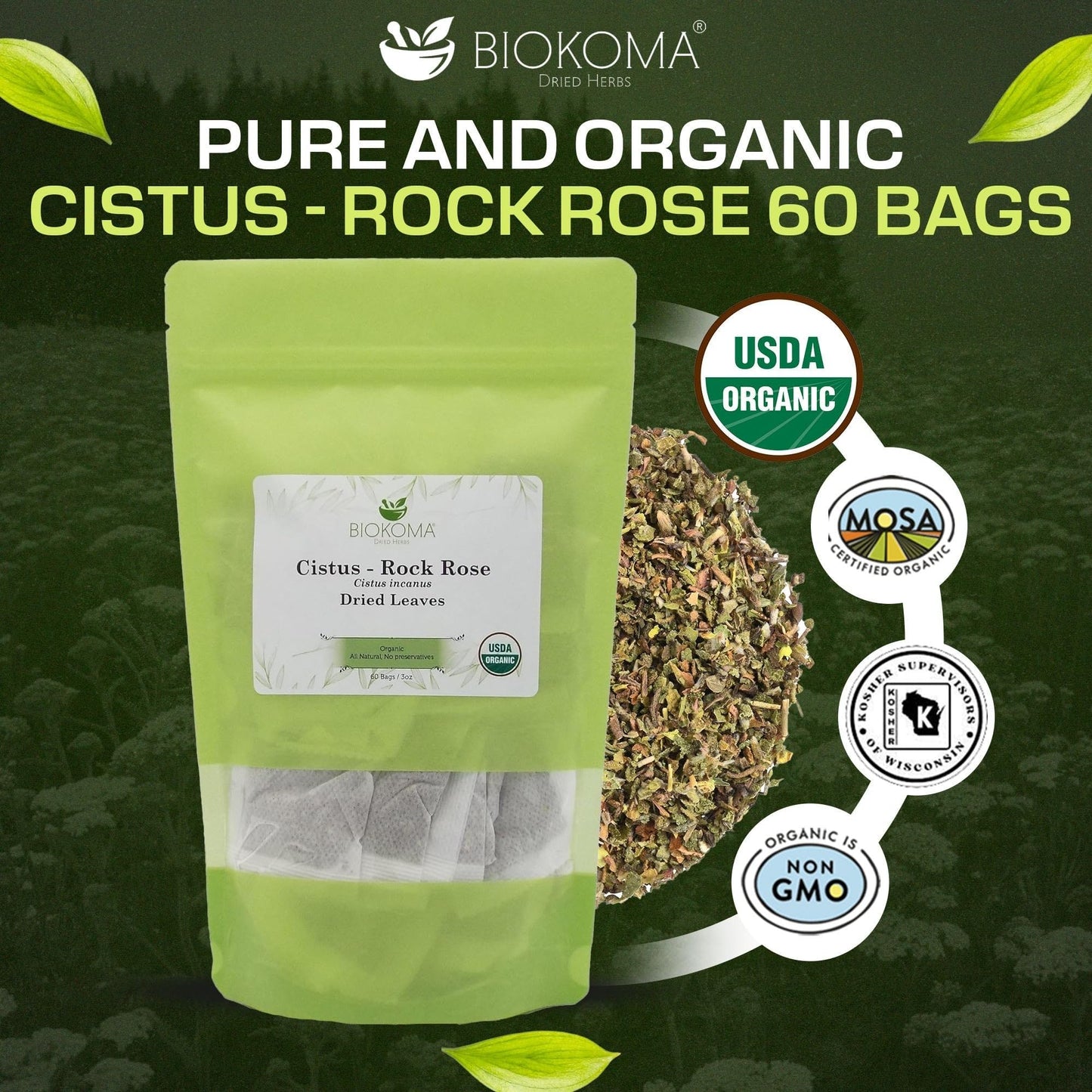 Biokoma Organic Cistus Rock Rose Tea Bags 60 Count Cistus Incanus Dried Leaves USDA Organic Herbal Tea Immune Respiratory Support Resealable Pouch
