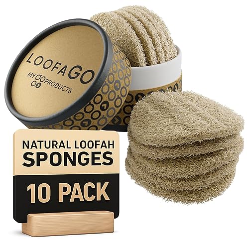 LoofaGO (10-Pack) Natural Loofah Sponges - 100% Biodegradable, Compostable & Plastic-Free, Non-Scratch Scrubbers for Kitchen, Dishes & Bath