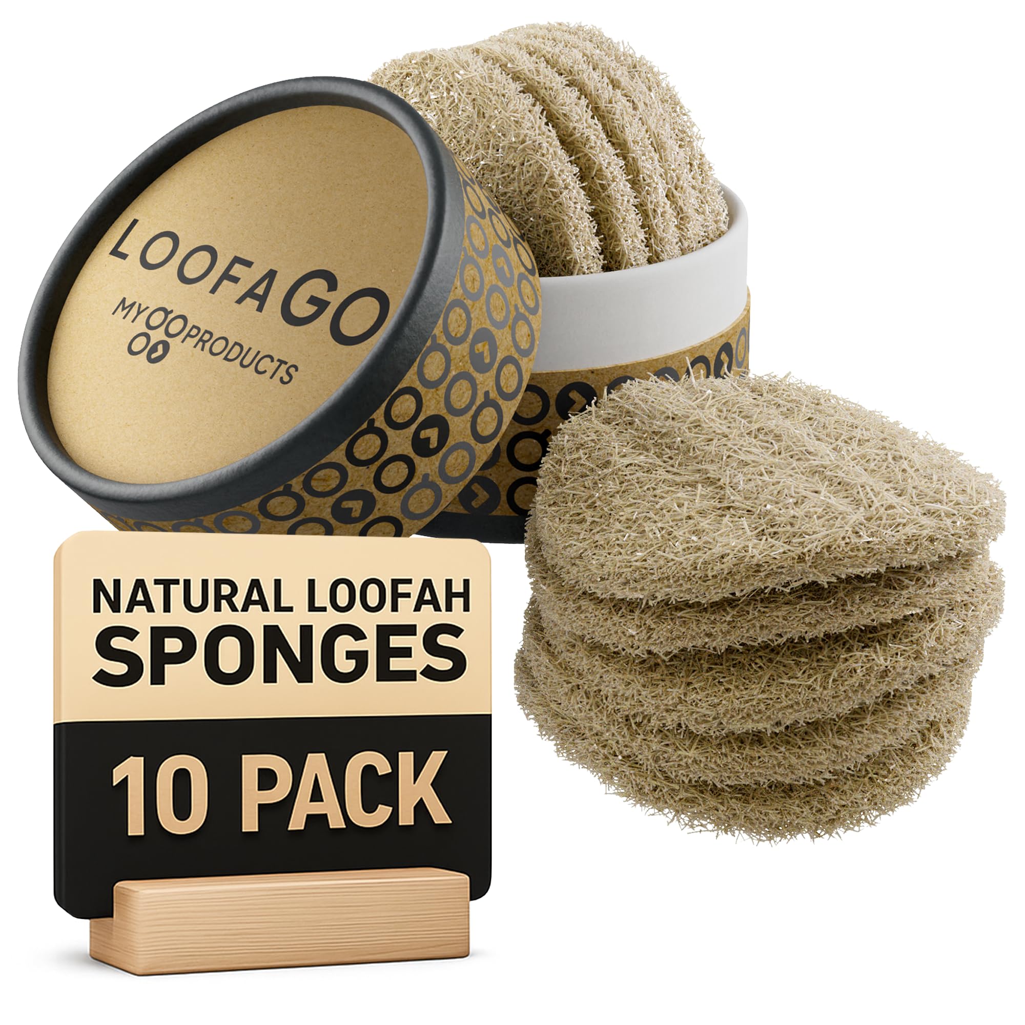LoofaGO (10-Pack) Natural Loofah Sponges - 100% Biodegradable, Compostable & Plastic-Free, Non-Scratch Scrubbers for Kitchen, Dishes & Bath