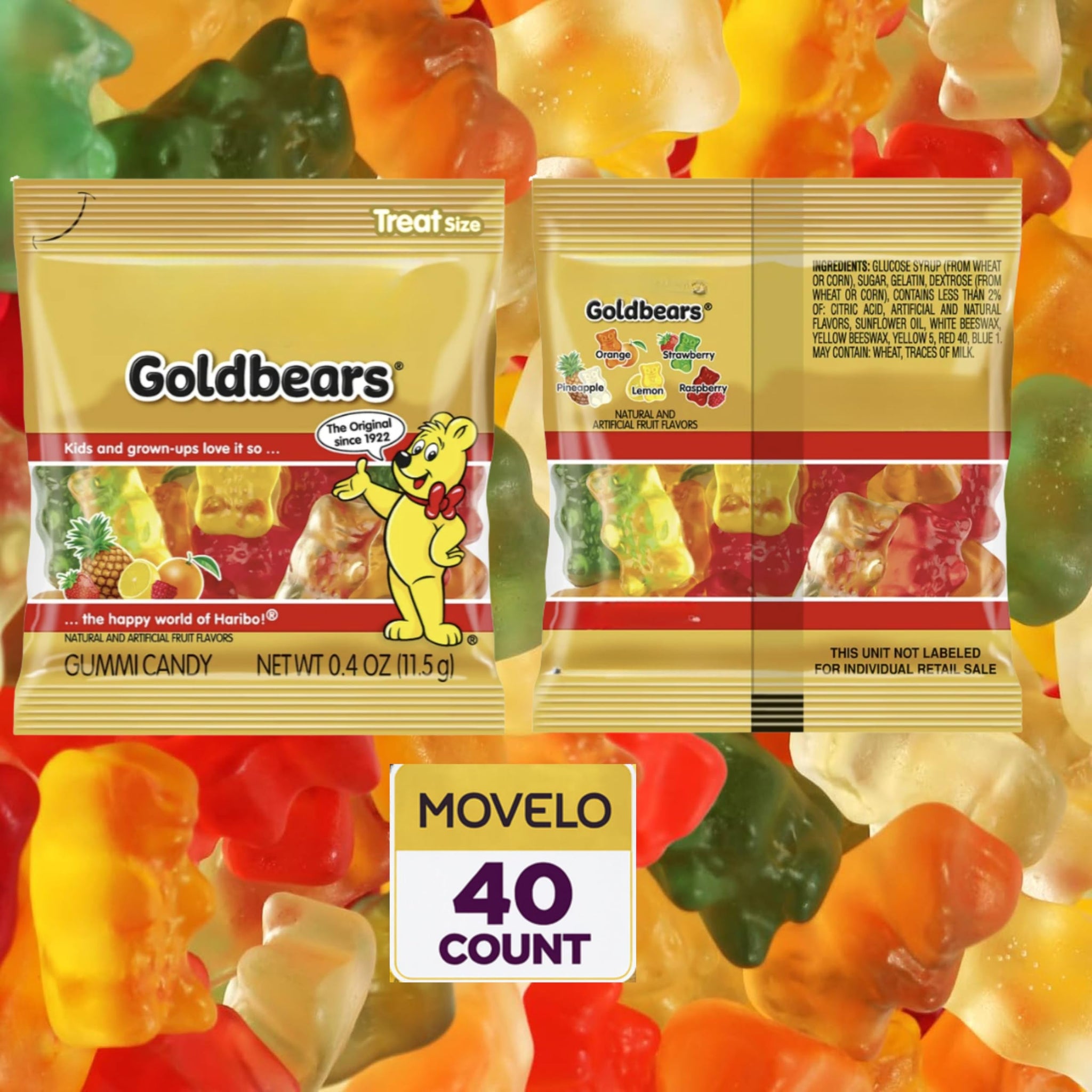 Goldbears Gummy Bears Candy - 40 Treat-Size Bags (0.4 oz Each), Assorted Fruit Flavors - Individually Wrapped - Perfect for Snacks, Party Favors