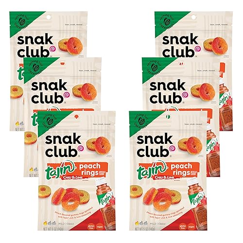 Snak Club Tajin Peach Rings Gummy Candy, Fruit Candy Gummies with Chili and Lime Seasoning, Mild, Gluten-Free and Vegan Snacks, 5 oz Resealable Bags
