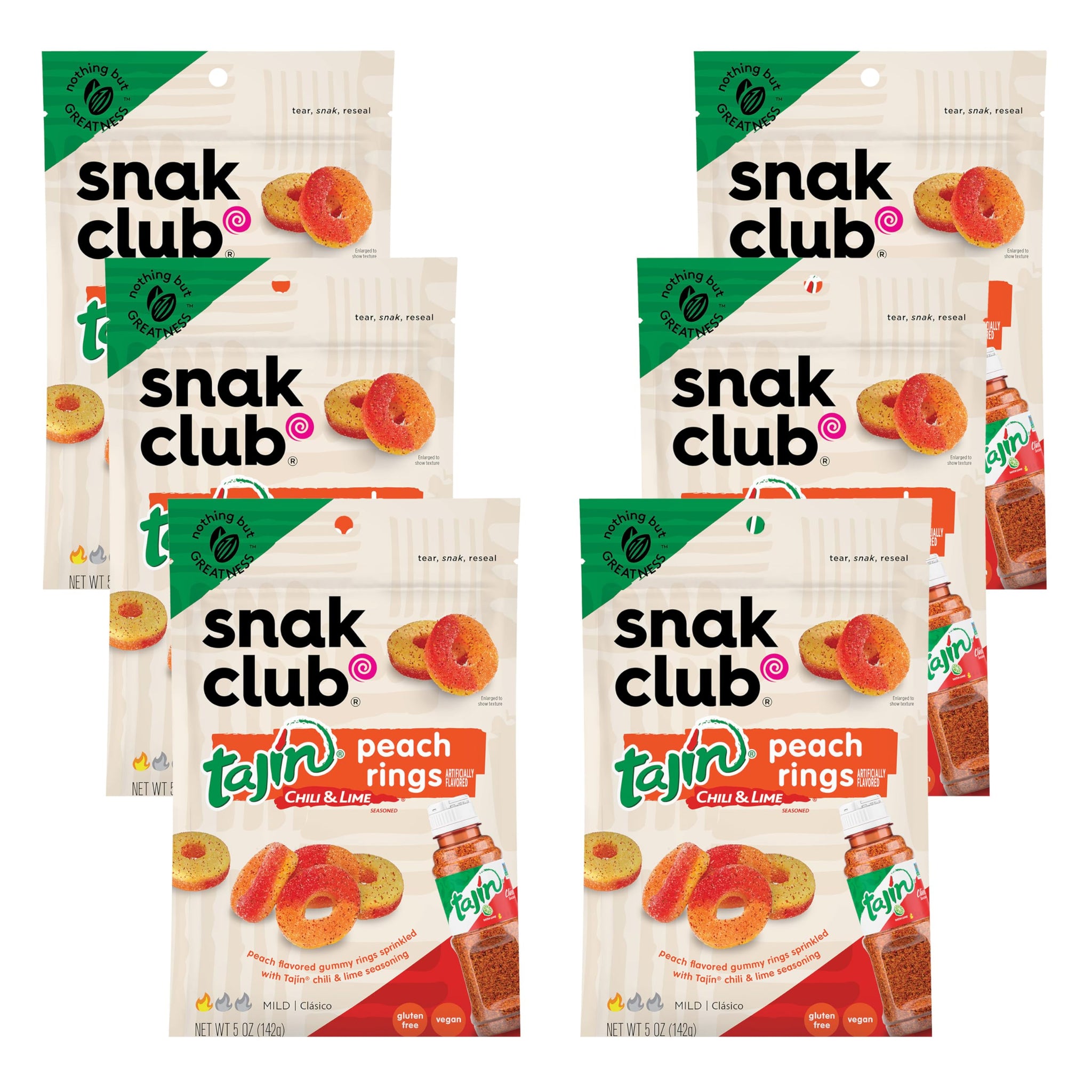 Snak Club Tajin Peach Rings Gummy Candy, Fruit Candy Gummies with Chili and Lime Seasoning, Mild, Gluten-Free and Vegan Snacks, 5 oz Resealable Bags
