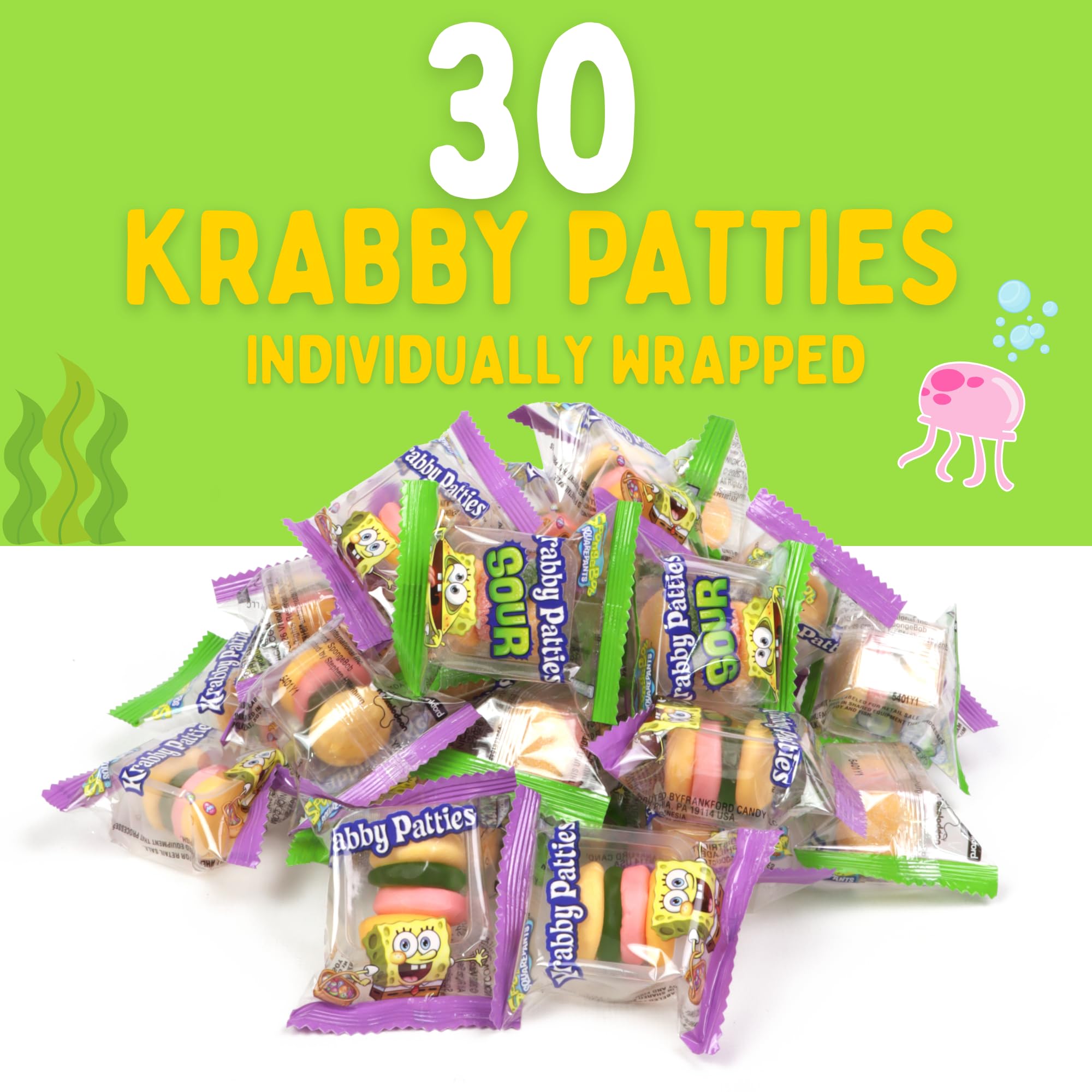 SpongeBob SquarePants Krabby Patties Candy, Sweet and Sour Gummies, Individually Wrapped Easter Egg Hunt Fillers, 30 Count