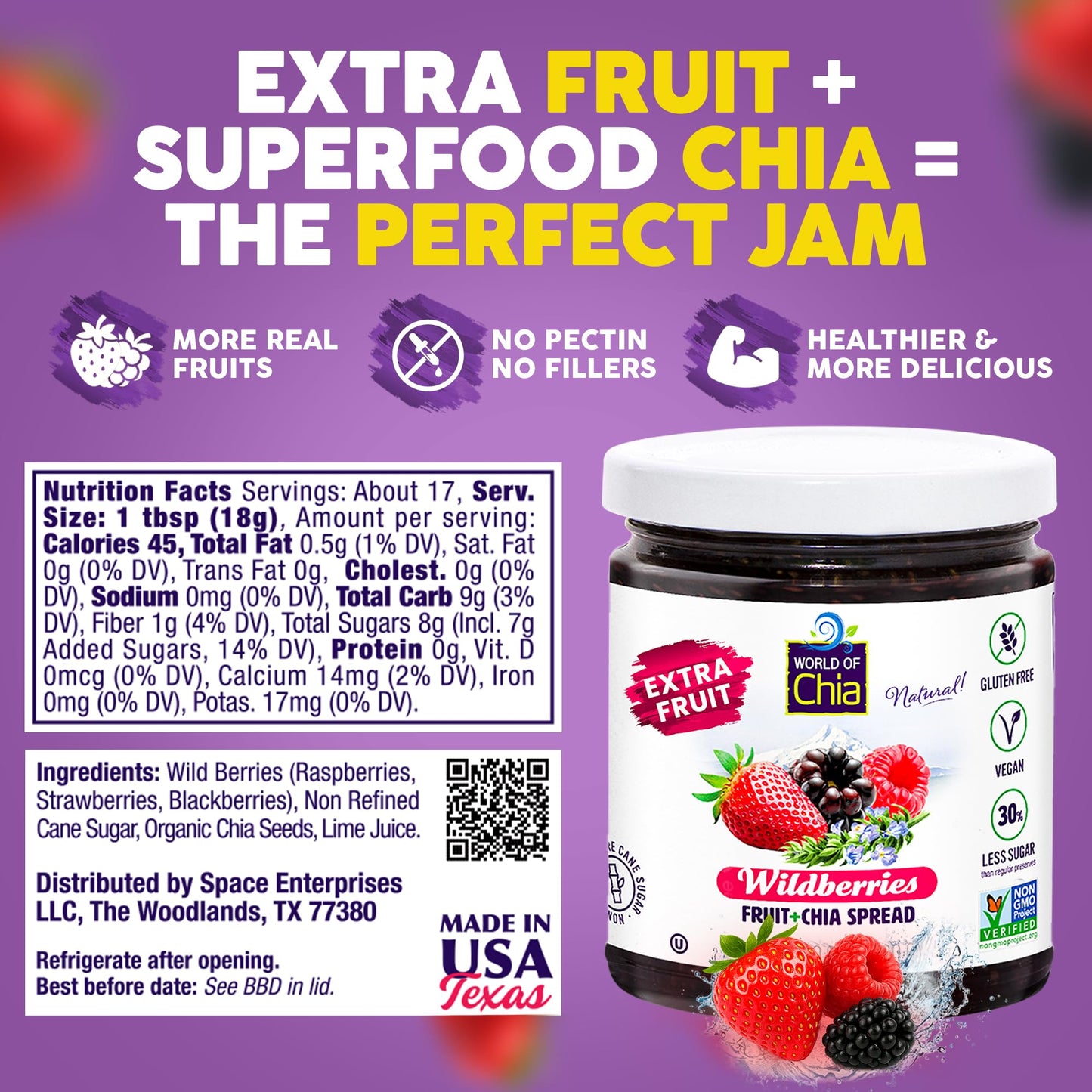 World of Chia Jam Wildberry Pack - Extra Fruit Spread, Bold Flavor & Wildberry Jelly Jam, Sweetened Pure Cane Sugar & Real Fruits, Omega-3s Superfood