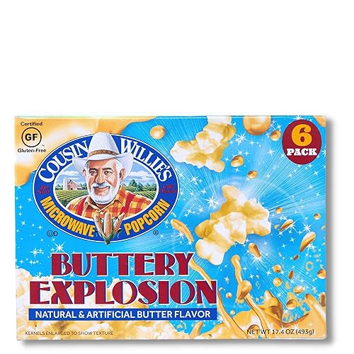 Cousin Willie's Microwave Popcorn Bags, Buttery Explosion (6 Bags), Gourmet Popcorn Boxes for Party, Whole Grain Popcorn, Gluten Free, Low Calorie