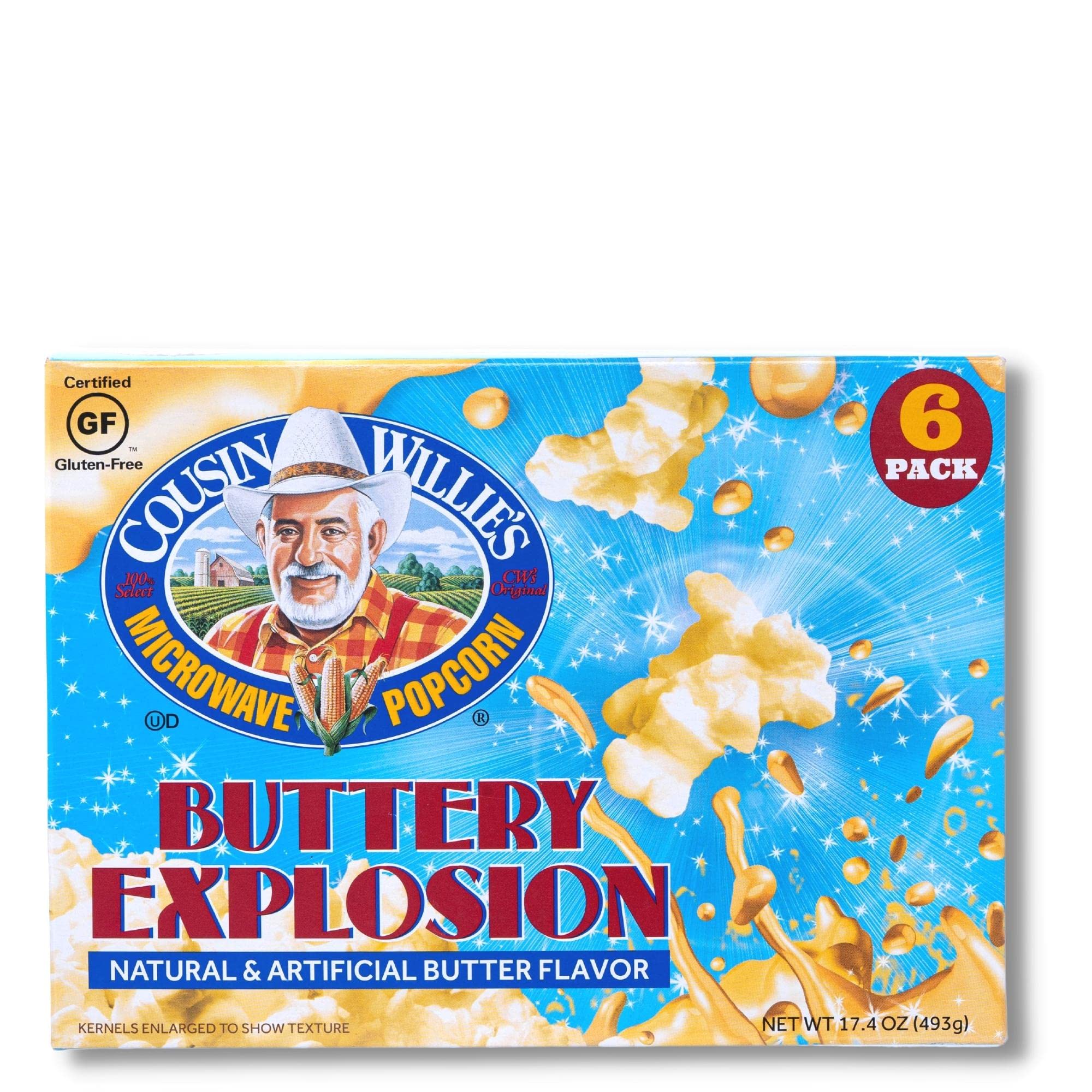 Cousin Willie's Microwave Popcorn Bags, Buttery Explosion (6 Bags), Gourmet Popcorn Boxes for Party, Whole Grain Popcorn, Gluten Free, Low Calorie