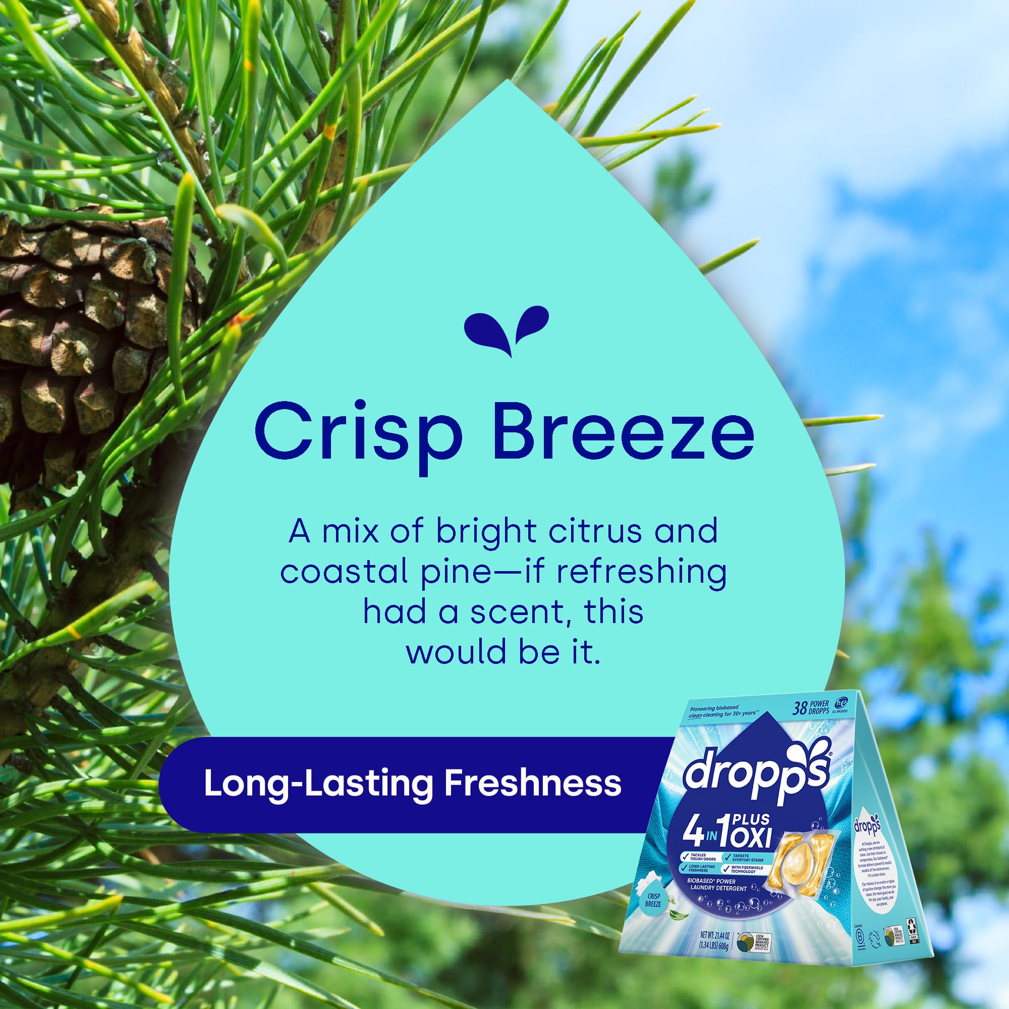 Dropps 4-in-1 Plus Oxi Laundry Detergent Pods, Crisp Breeze (38 Count) - Laundry Pods | Advanced Odor Defense | Fights Stains | Whitens & Brightens |