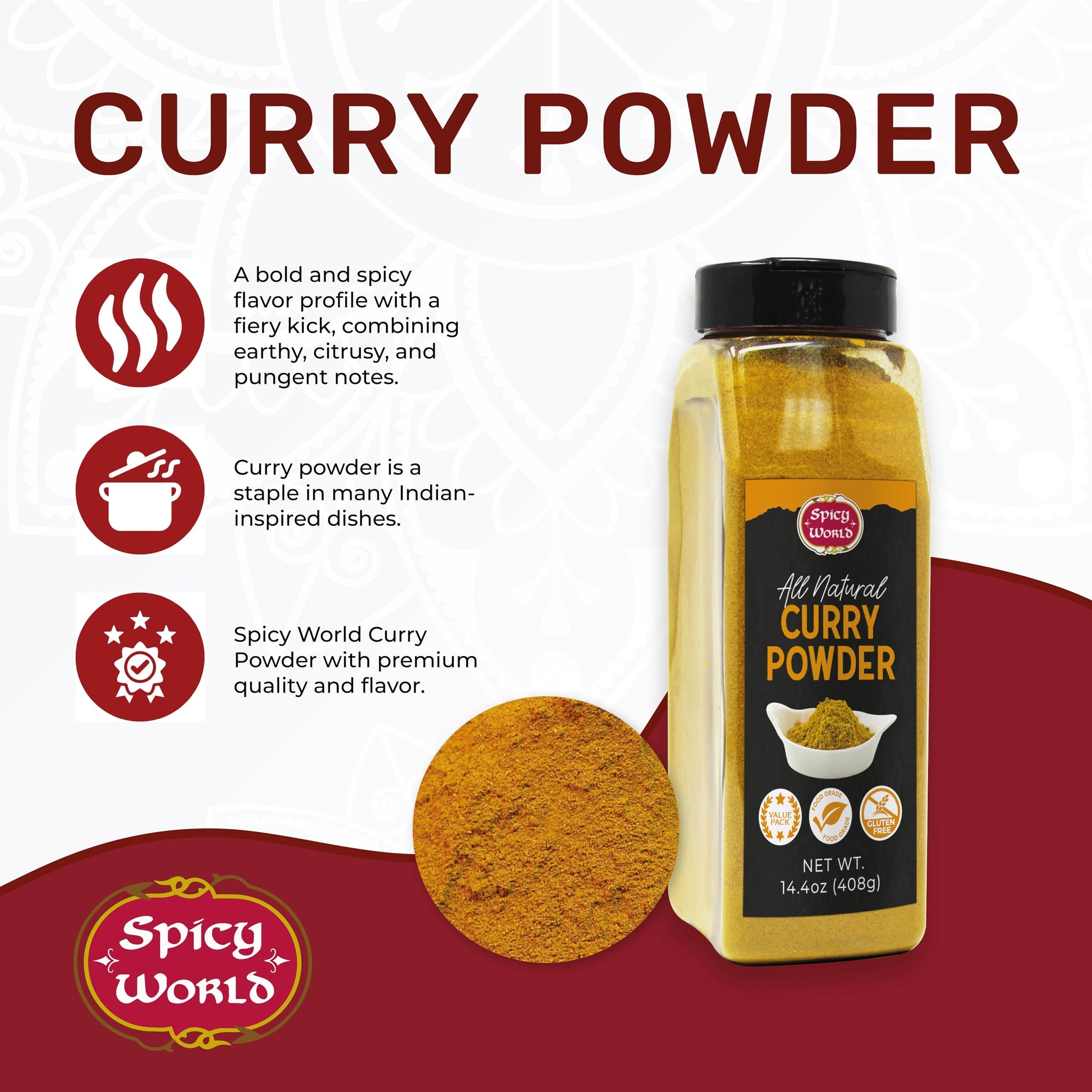 Spicy World Curry Powder 14.4 oz Jar - Authentic Blend of 9-Indian Spices, Premium Quality Blend for Curries, Vegetables, And More - All-Natural