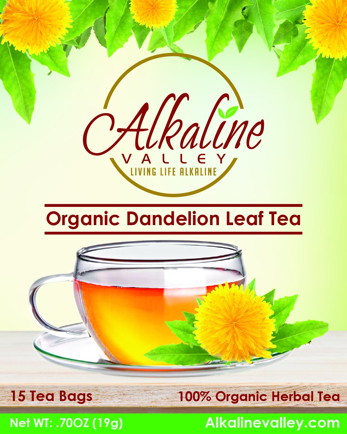 Dandelion Leaf Tea or Diente De Leon - 100% Organic and Alkaline - 15 Unbleached/Chemical-Free Dandelion Tea Bags - Caffeine-Free, No GMO