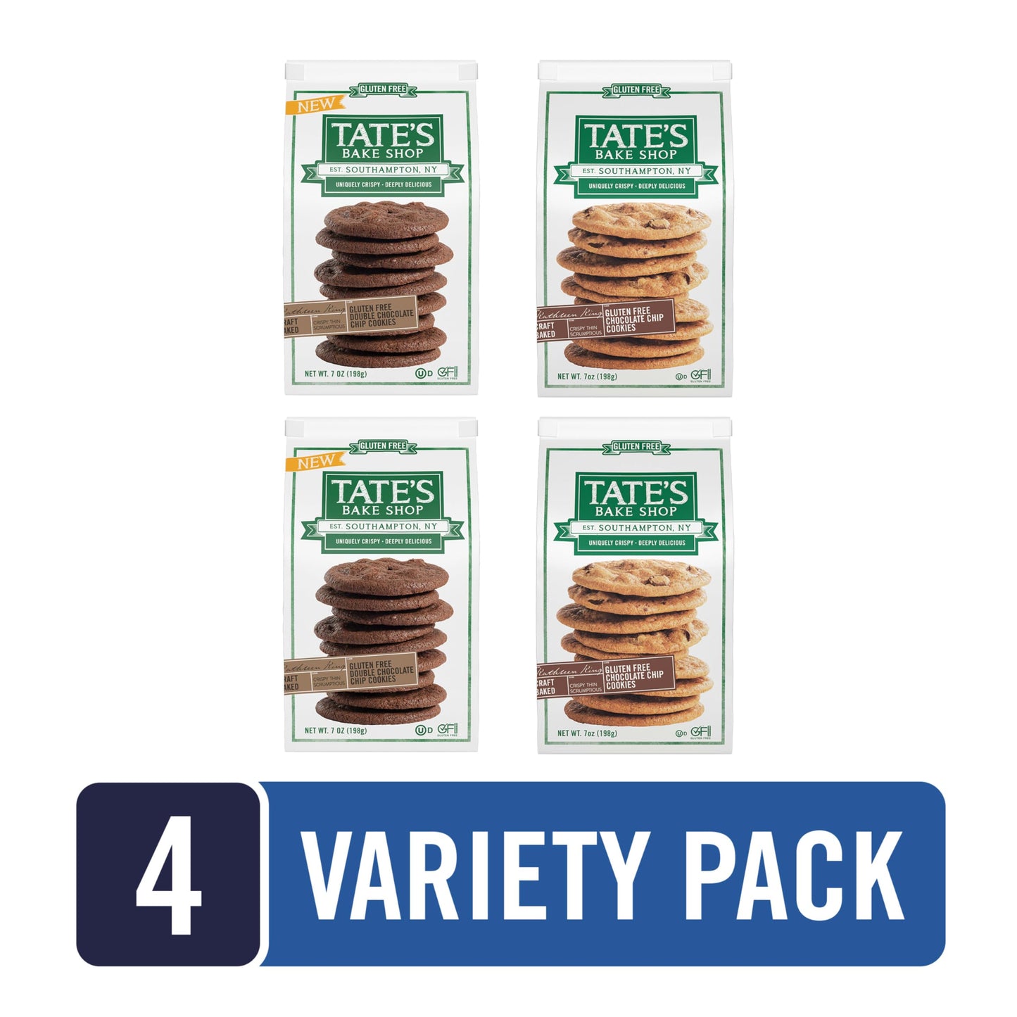 Tate's Bake Shop Gluten Free Cookies Variety Pack, Double Chocolate Chip and Chocolate Chip Cookies, 4-7 oz Bags