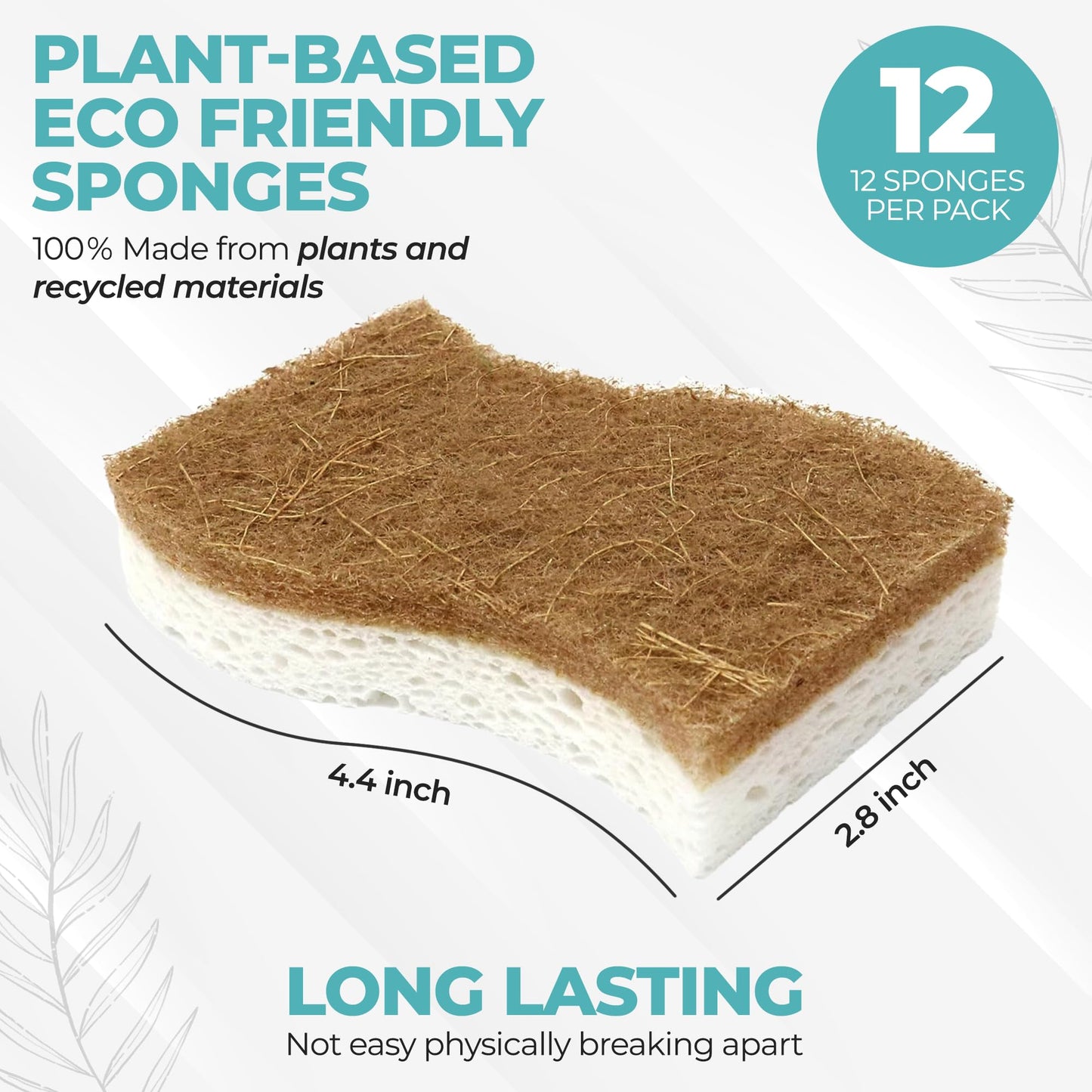 Purely Calm Plant Based Natural Sponge - Pack of 12 Cellulose Sponges, Safe on Non-Stick Cookware, Dual Sided Dish Sponge for Washing Dishes, Kitchen