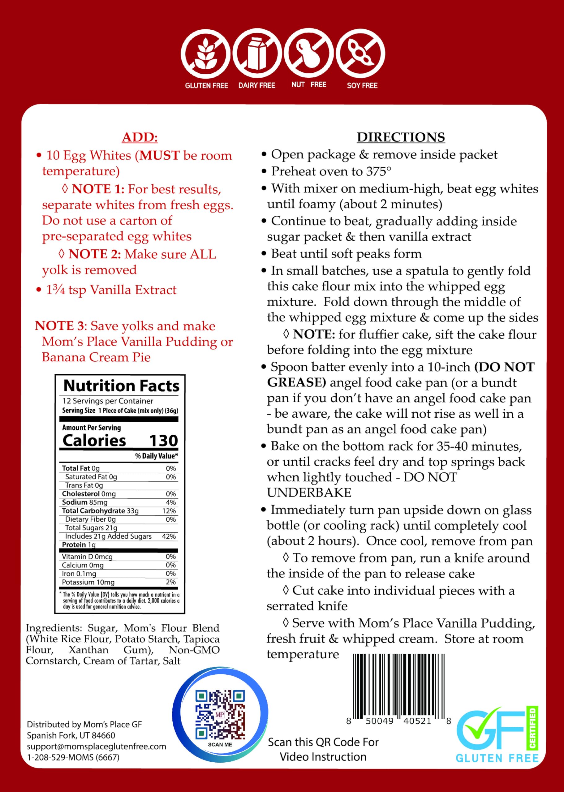 Mom's Place Gluten-Free Angel Food Cake Mix, Easy to Make, Nut Free, Dairy Free & Soy Free, 12 Servings,15.3 oz.