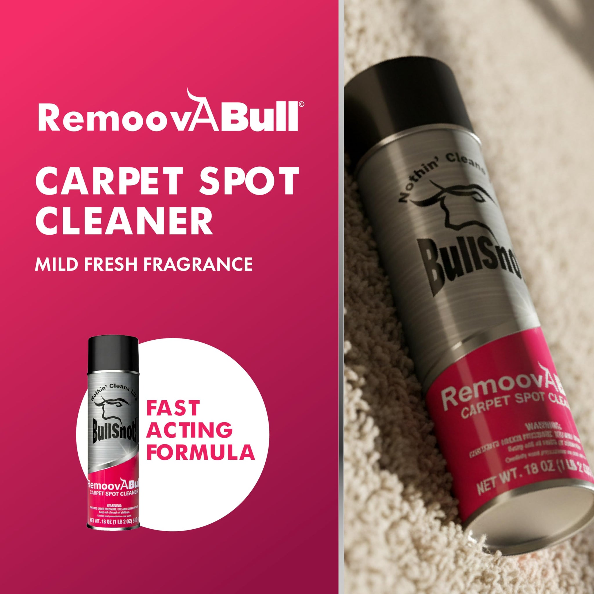 RemoovABull Carpet & Upholstery Stain Remover - Fast Acting, Powerful Cleaner for Oil, Grease, Dirt, Coffee, Urine & More - Ideal for Car Interiors