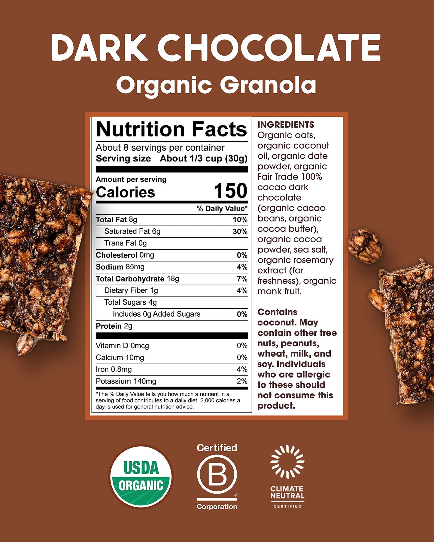Alter Eco Dark Chocolate Granola, Healthy, Organic Breakfast & Snack, Naturally Sweetened with Fruit, Vegan, No Artificial Sugars or Additives