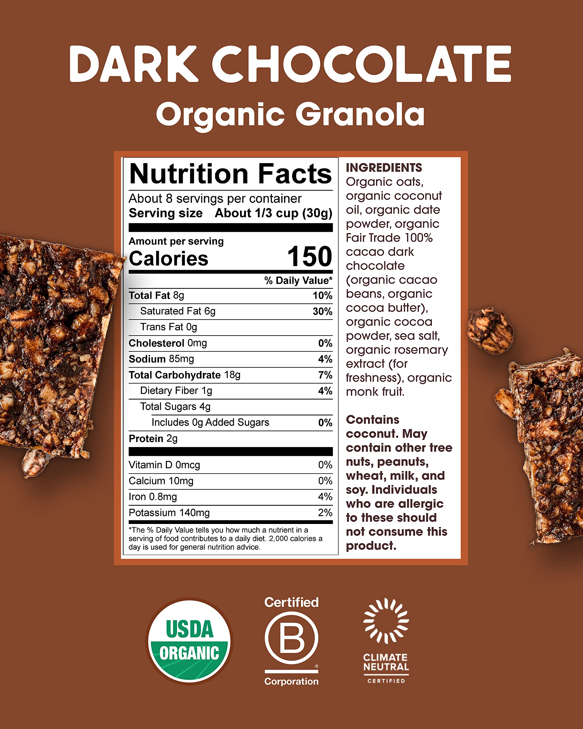 Alter Eco Dark Chocolate Granola, Healthy, Organic Breakfast & Snack, Naturally Sweetened with Fruit, Vegan, No Artificial Sugars or Additives