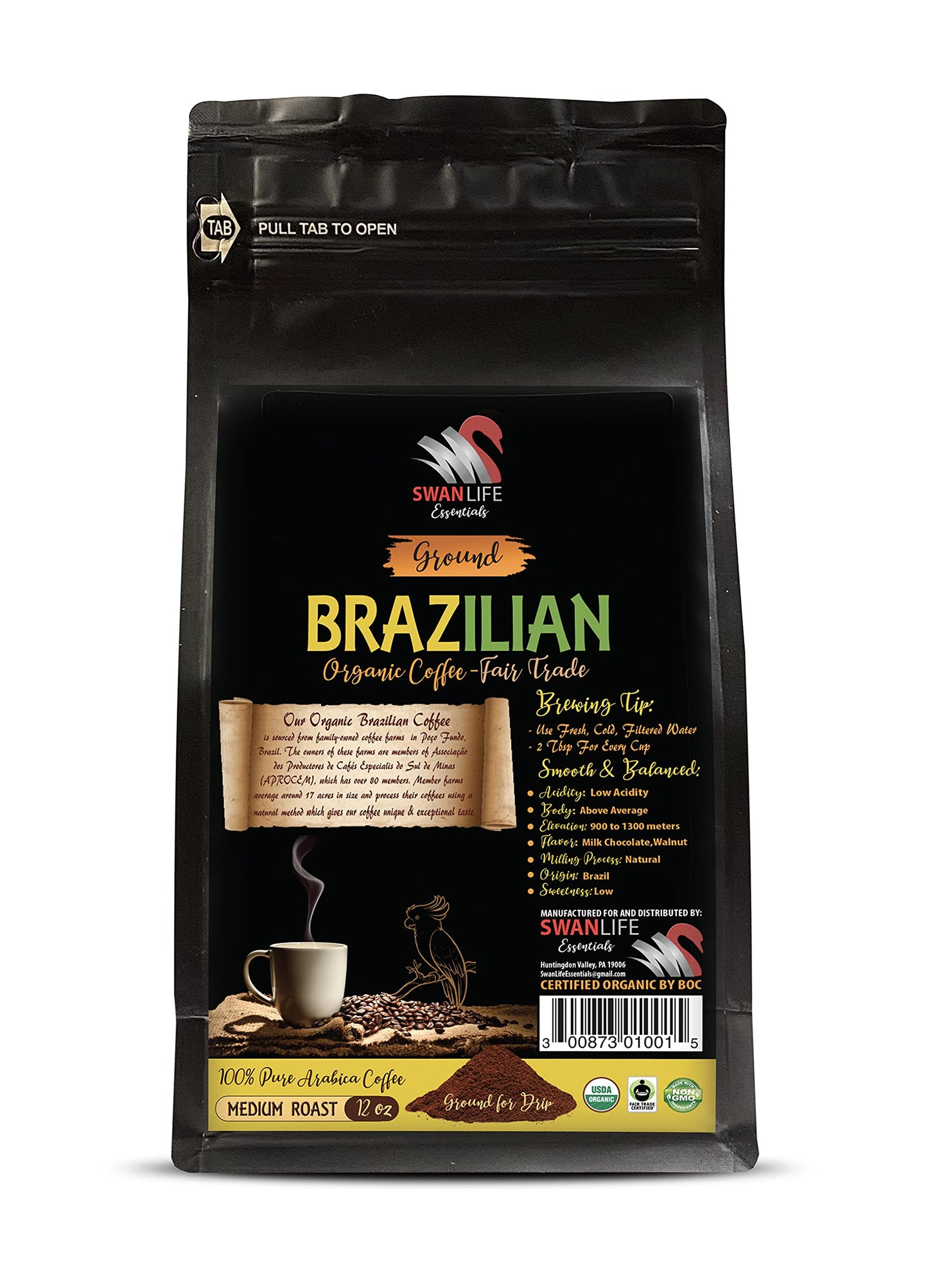 organic coffee ground low acid - BRAZILIAN GROUND COFFEE ORGANIC, 100% Arabica, Medium Roast, low acidity, Fair Trade, non gmo - ground coffee gift