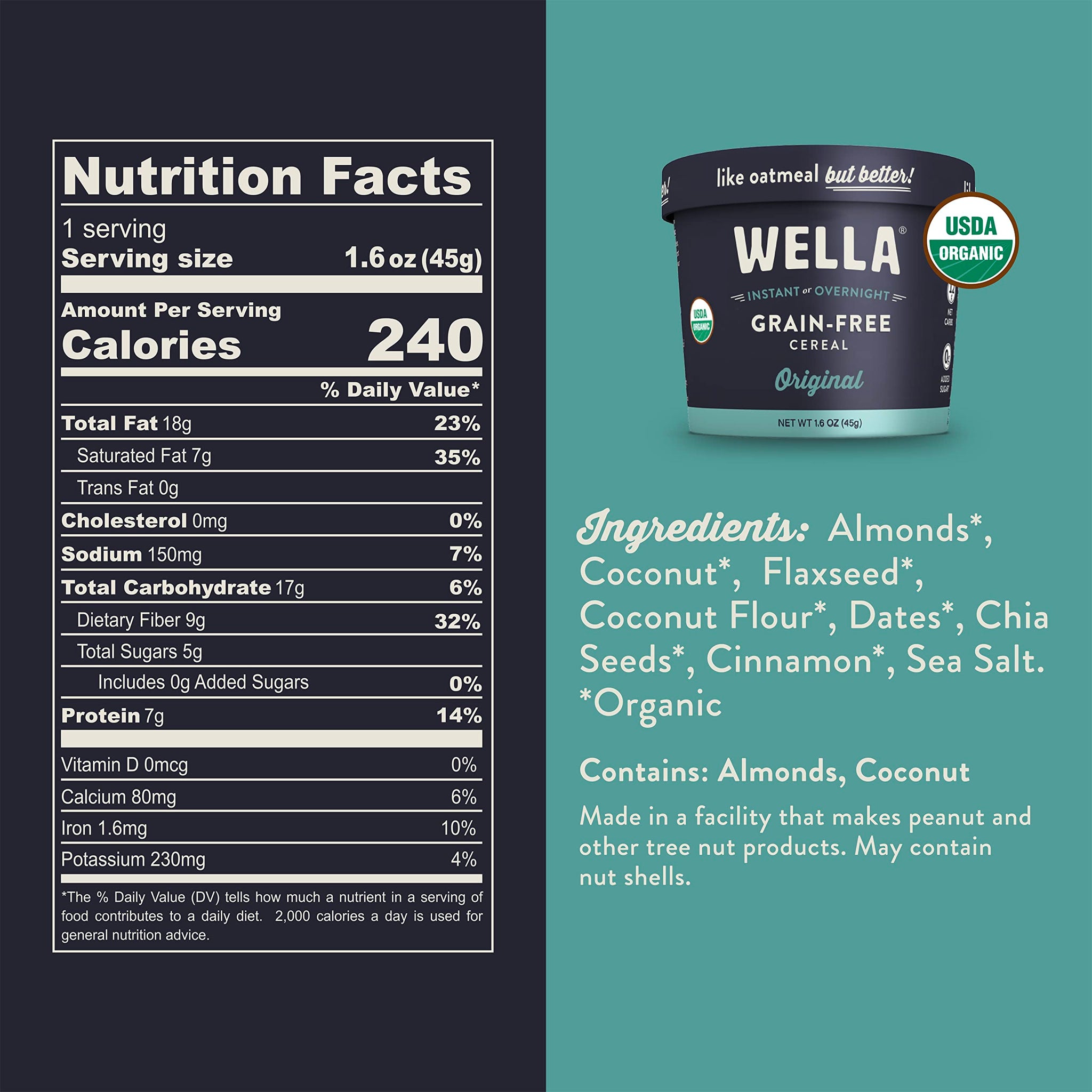 Wella Cereal Oatmeal Alternative, Gluten-Free Breakfast Hot Cereal, Grain-Free Paleo Organic Vegan High Protein Superfood, Plant-Based Non-GMO, Low in