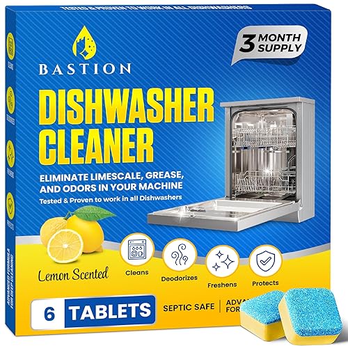 Bastion Dishwasher Cleaner Tablets, Lemon Scent, 3-Month Supply (6 Pods), Powerful Cleaning & Odor Removal, Descaling Tablets