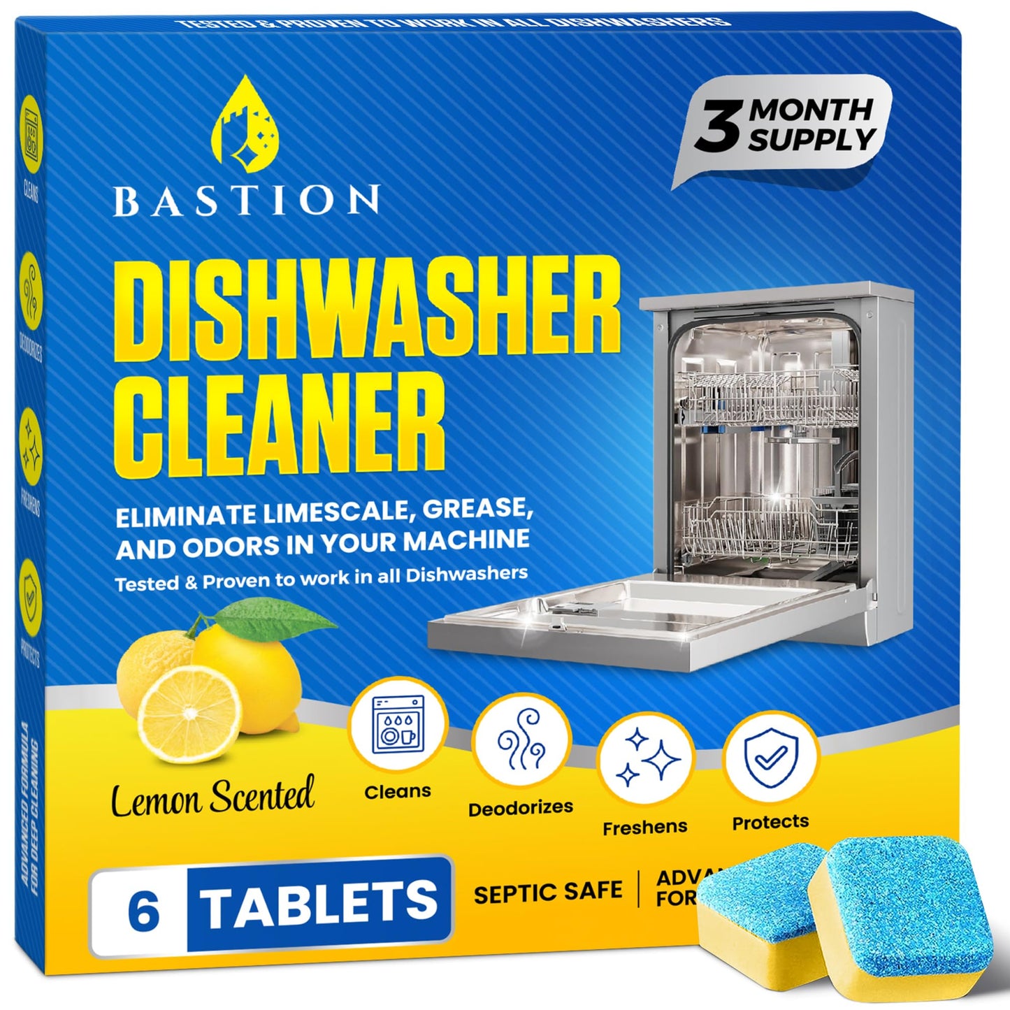 Bastion Dishwasher Cleaner Tablets, Lemon Scent, 3-Month Supply (6 Pods), Powerful Cleaning & Odor Removal, Descaling Tablets