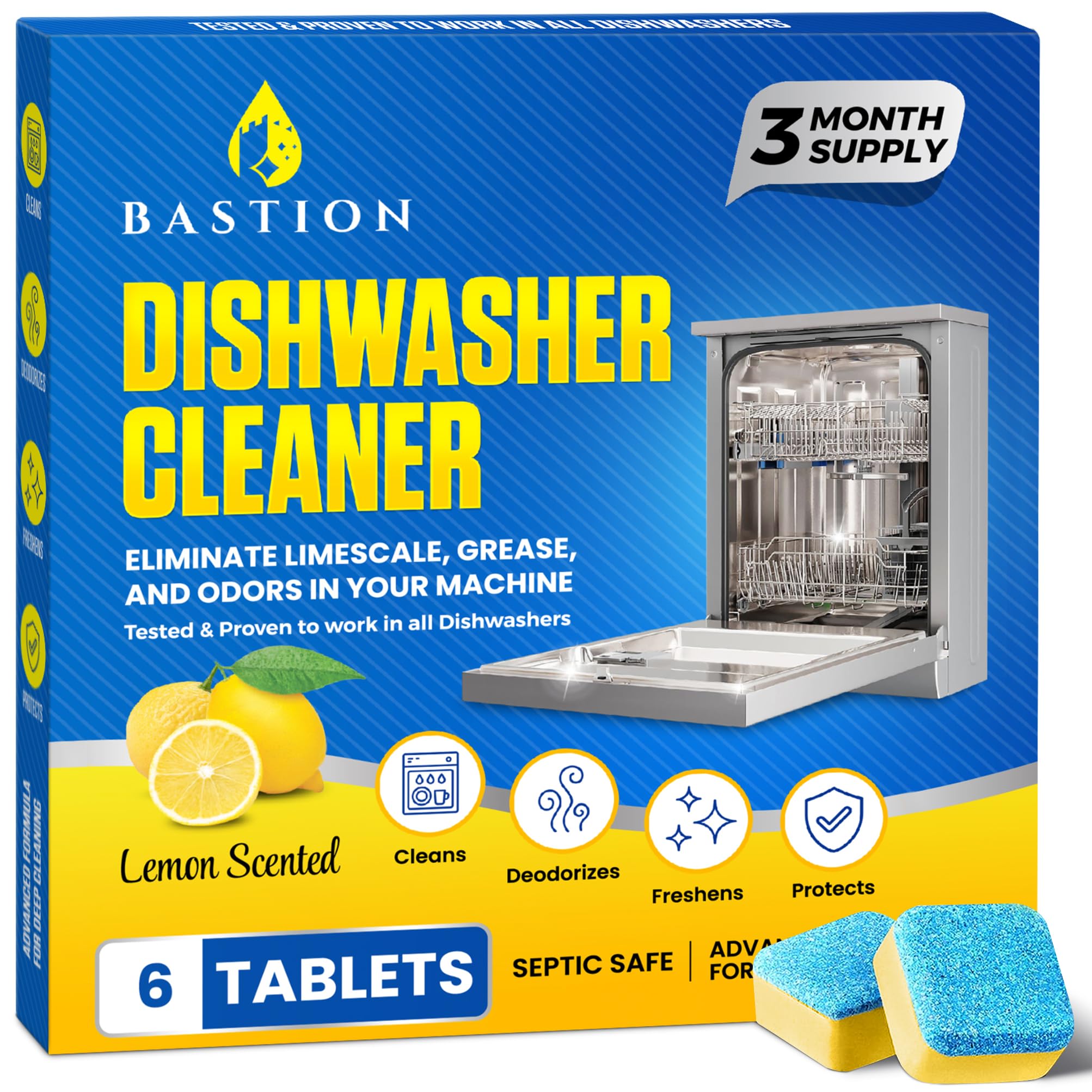 Bastion Dishwasher Cleaner Tablets, Lemon Scent, 3-Month Supply (6 Pods), Powerful Cleaning & Odor Removal, Descaling Tablets