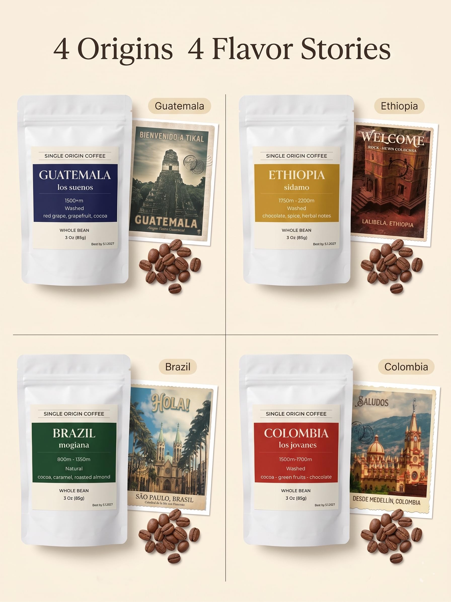UNIQBITE Single Origin Coffee Gift Set, Whole Bean Arabica Coffee Sampler, Small Batch Roasted Artisan Coffee from Colombia, Ethiopia, Brazil