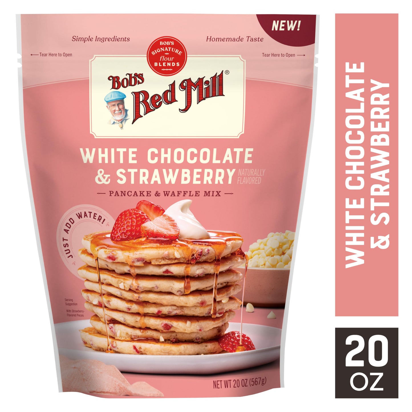 Bob’s Red Mill White Chocolate & Strawberry Pancake/Waffle Mix, 20 Ounce (Pack of 1) - Just Add Water, Makes 32-40 Pancakes per Bag