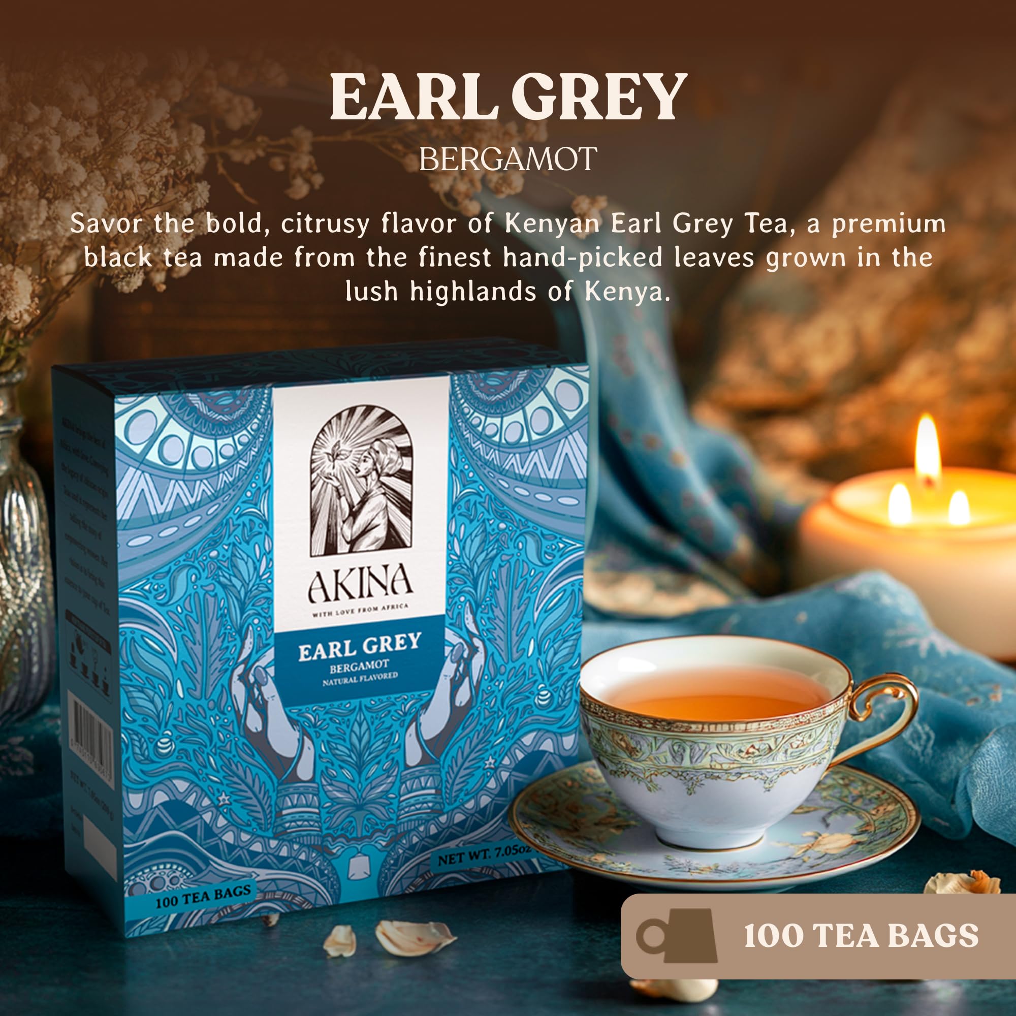 AKINA - Earl Grey Flavored Black Tea Bags, Individually Wrapped, String and Tag Kenyan Earl Grey Tea Bags, Bold and Citrusy with Invigorating Aroma