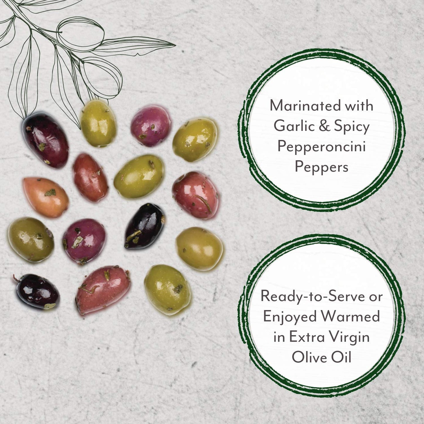 Roland Foods Greek Country Olive Mix, Whole Olives Marinated with Garlic and Pepperoncini Peppers, Specialty Imported Food, 4 Lb 6 Oz Tub