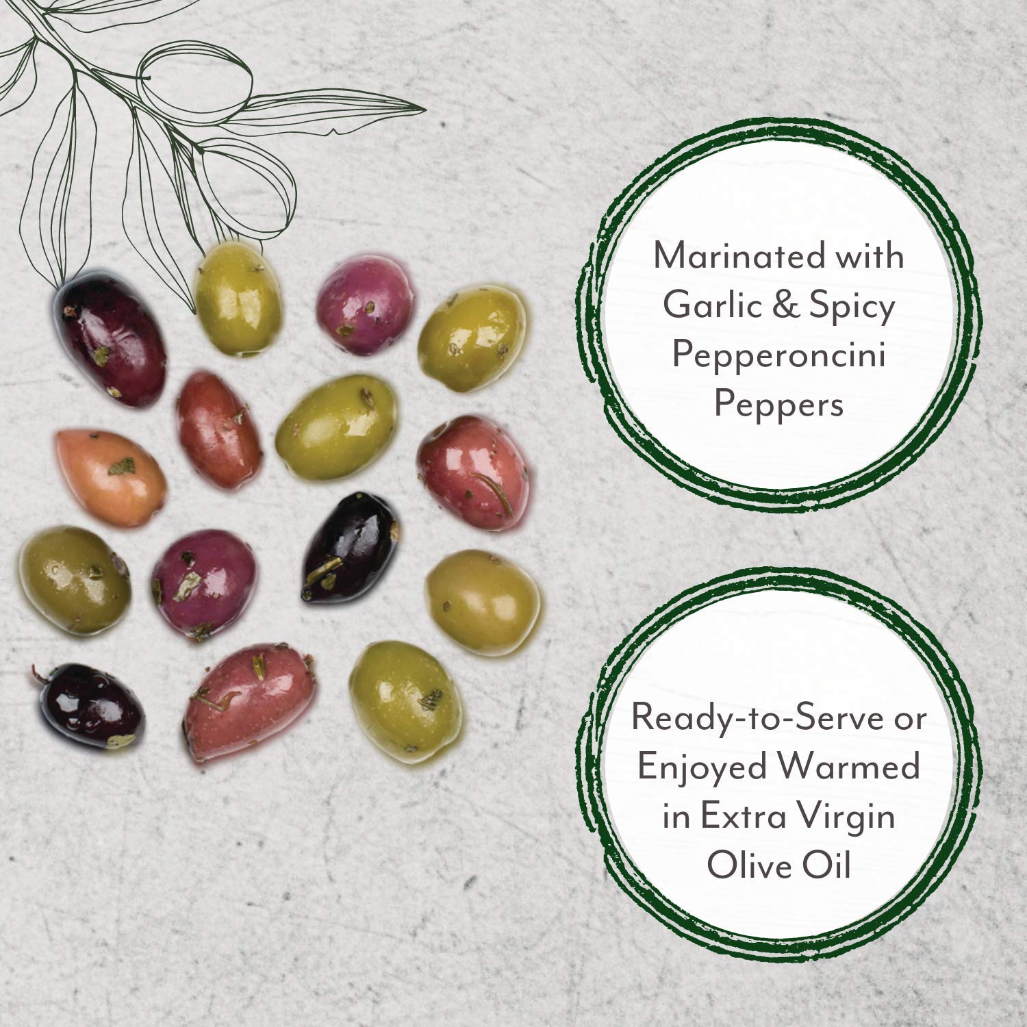 Roland Foods Greek Country Olive Mix, Whole Olives Marinated with Garlic and Pepperoncini Peppers, Specialty Imported Food, 4 Lb 6 Oz Tub