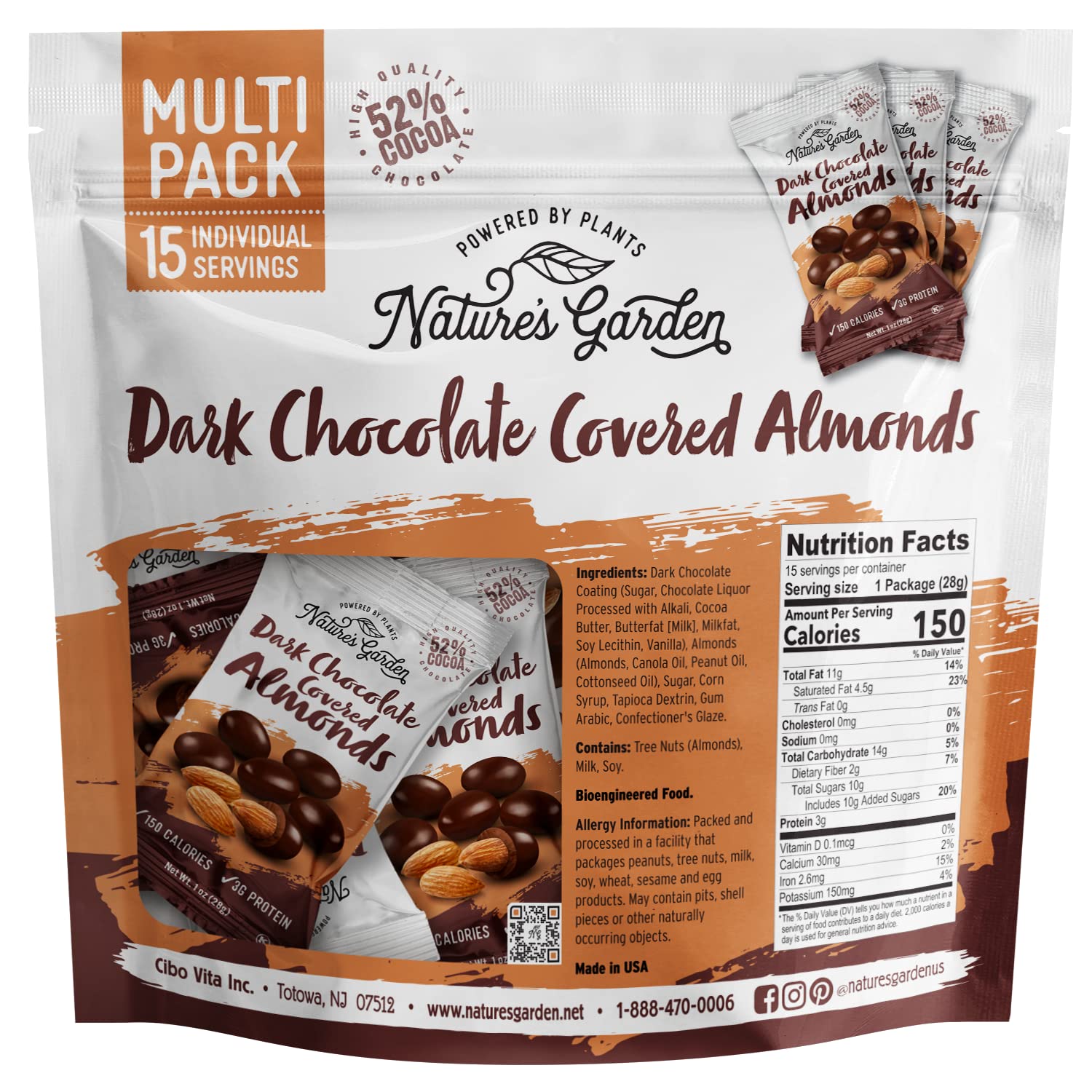 Nature's Garden Dark Chocolate Covered Almonds Snack Packs - No Trans Fat, Indulgent Snack, Dark Chocolate Almonds, Kosher Certified - 1 Oz Bags (15