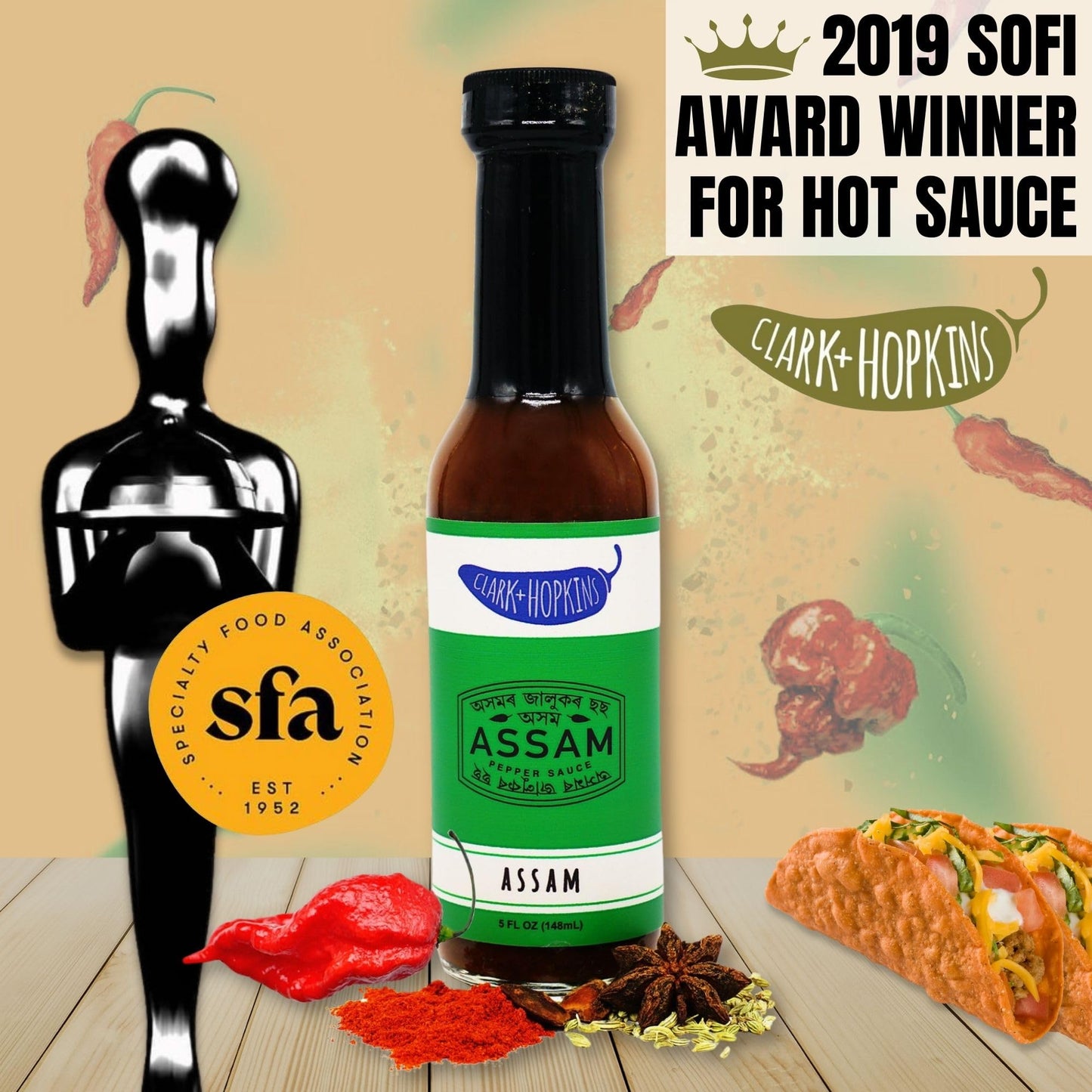 Clark + Hopkins Assam Pepper Sauce, Ghost Pepper Curry and 7 Pot Primo Chili Flavored Hot Sauce, Traditional Assamese Cuisine, 5 Ounce (1 Pack)