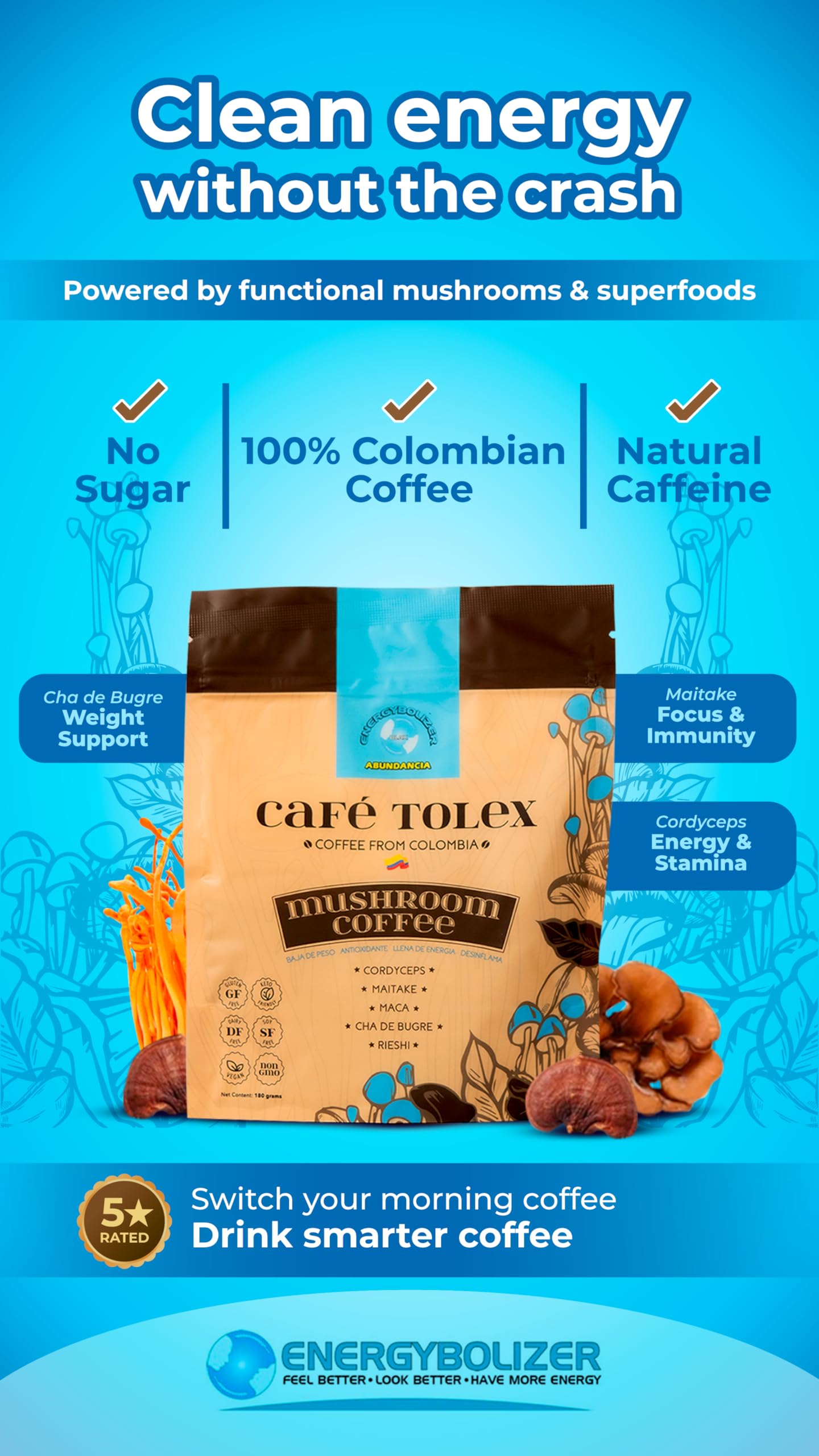 Energybolizer Café Tolex |Instant Columbian Brew Coffee with Added Mushrooms, Maca, Kola Nut, Guarana, and Yerba Mate