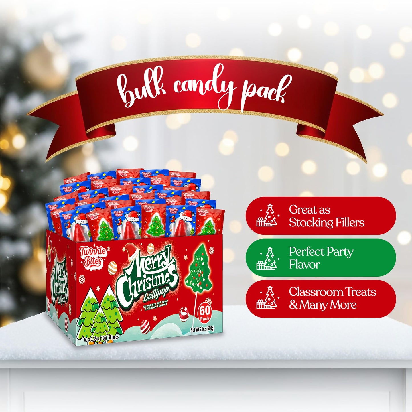 60 Pack Christmas Lollipops - Individually Wrapped Christmas Holiday Themed Hat And Tree Lollipops - Colorful Red & Green Designs & Delicious Flavor