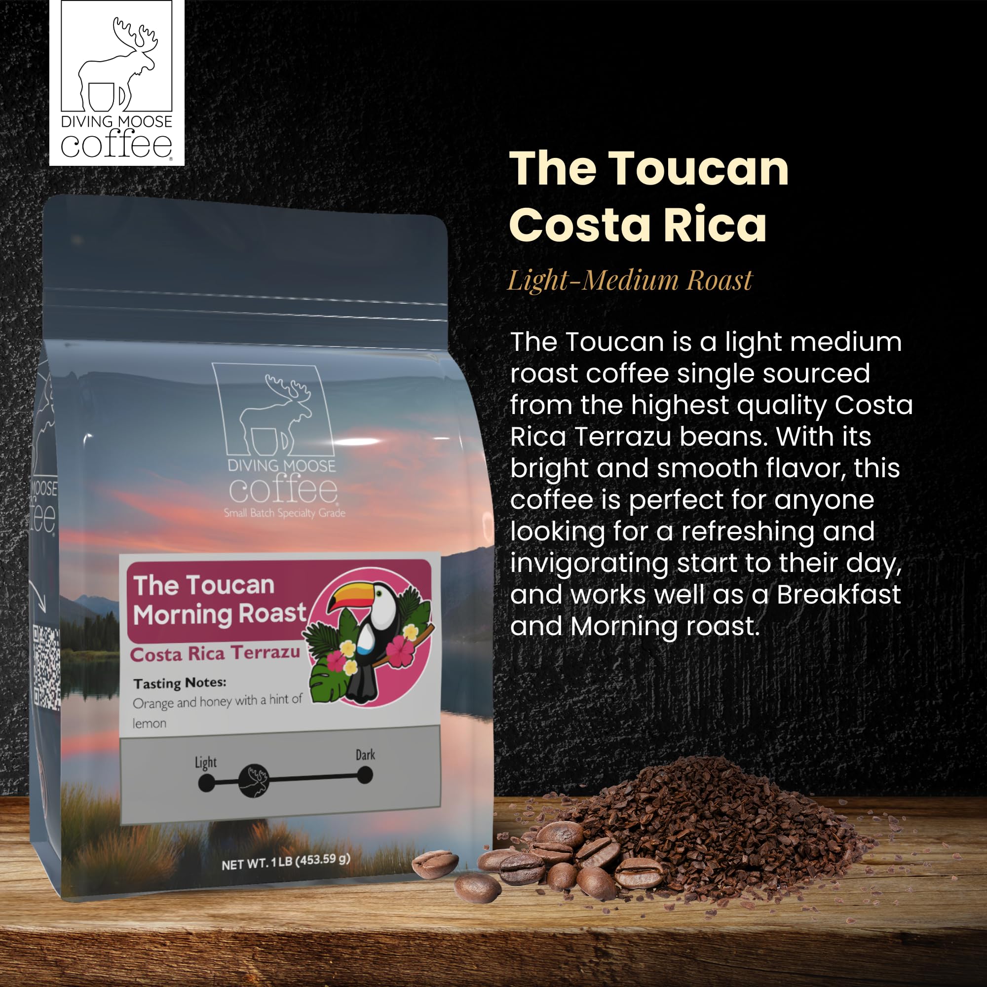 Diving Moose Coffee - The Toucan Costa Rica Terrazu Morning Roast Medium Dark Roast Breakfast Blend (16oz / 1 LB) - Orange Lemon Honey Specialty Grade
