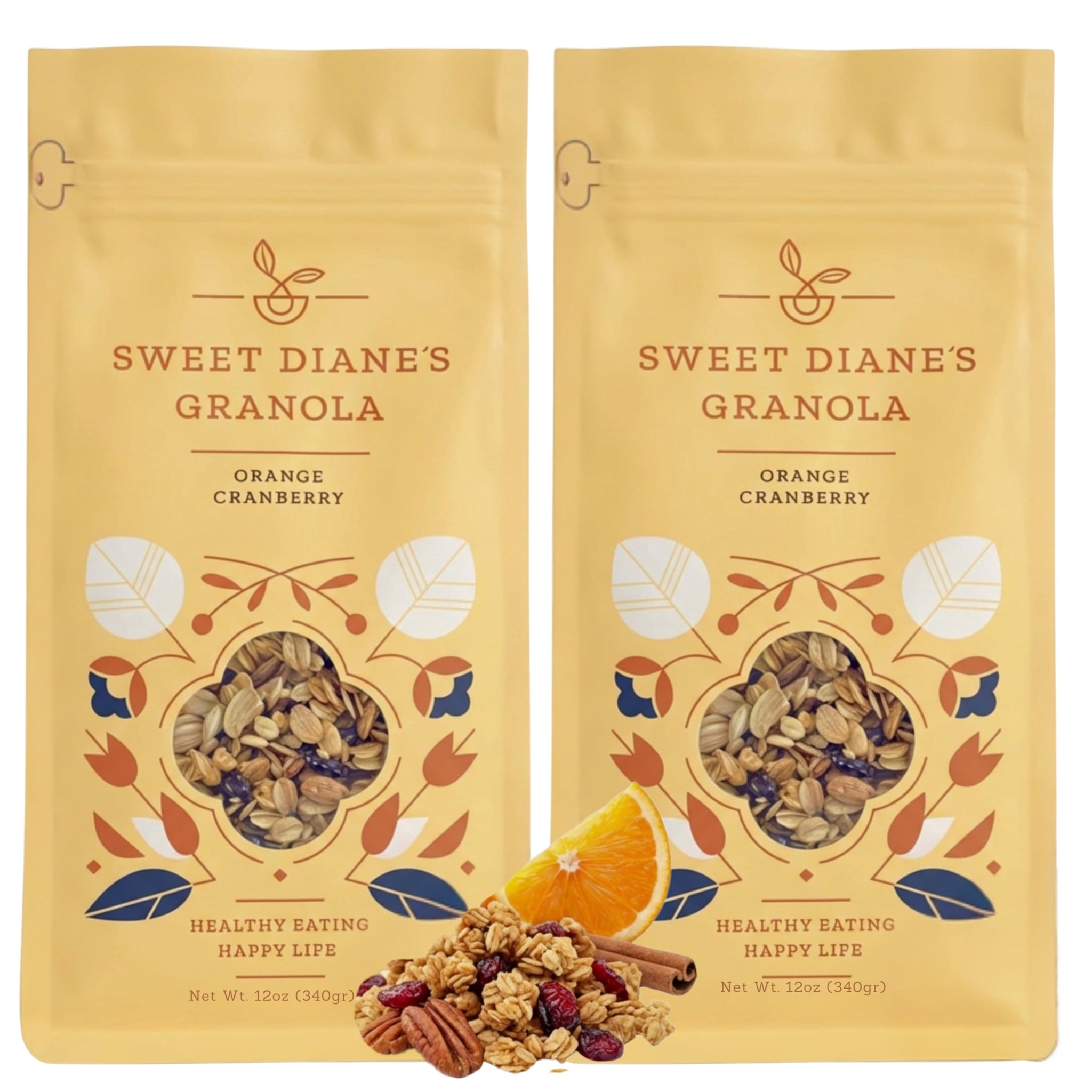 Sweet Diane’s Organic Granola - Orange Cranberry | 2-Pack (12 oz Each) | Gluten-Free, Vegan, Low Sugar, High Fiber | Oats, Pecans, Seeds & Citrus