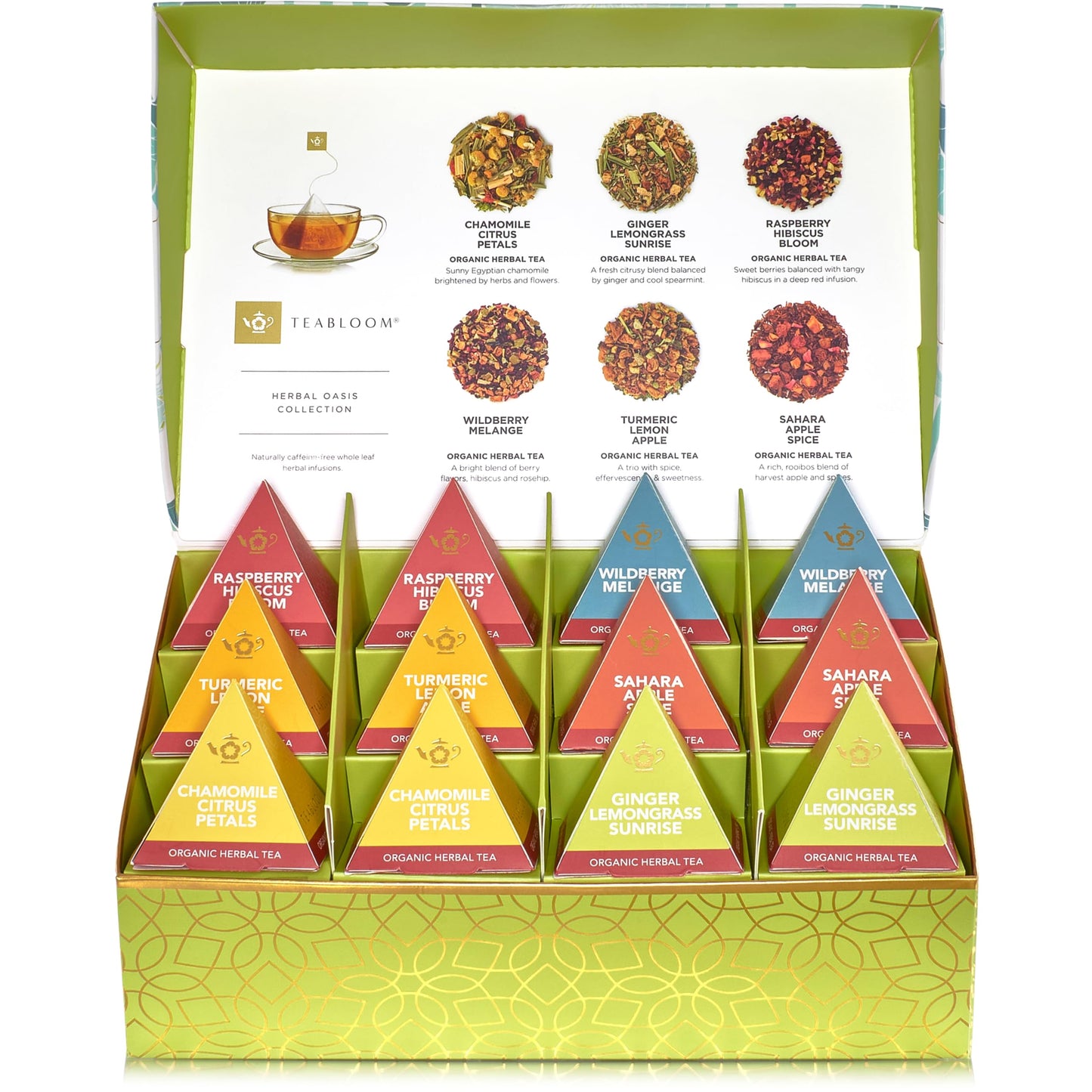 Teabloom Organic Herbal Oasis Pyramid Tea Presentation Box, 12 Assorted Herbal Tea Blends, USDA Certified Organic Whole-Leaf Pyramid Tea Sachets