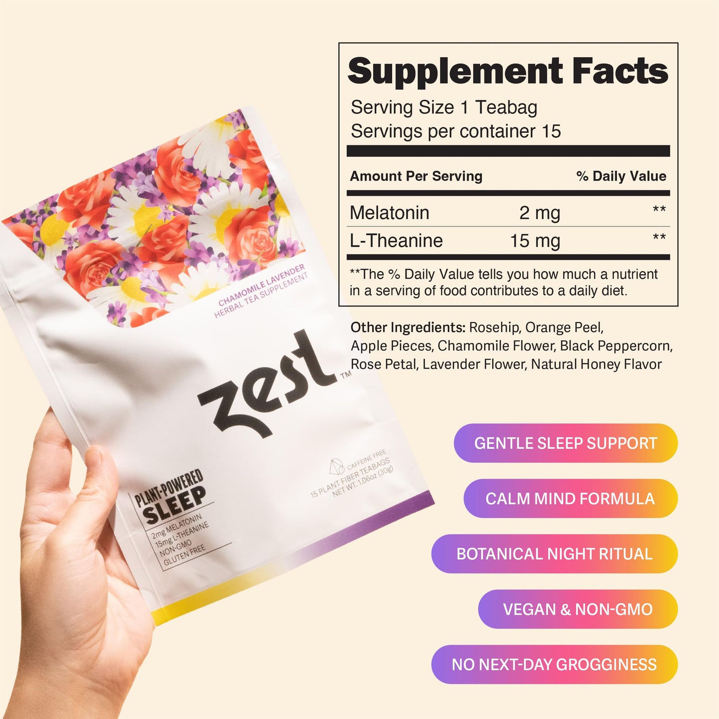 Zest Sleep Tea - 2mg Melatonin Tea for Sleep - Chamomile Lavender Herbal Blend - 15Ct Pack - Calming & Relaxing Ingredients for a Perfectly Sleepy