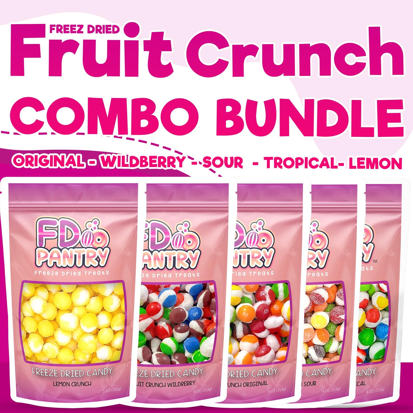 Freeze Dried Candy Variety Pack, Fruit Crunch, 4 oz (5 Pack), Original, Wildberry, Sour, Tropical, Lemon, Assorted Combo, Gift Bag