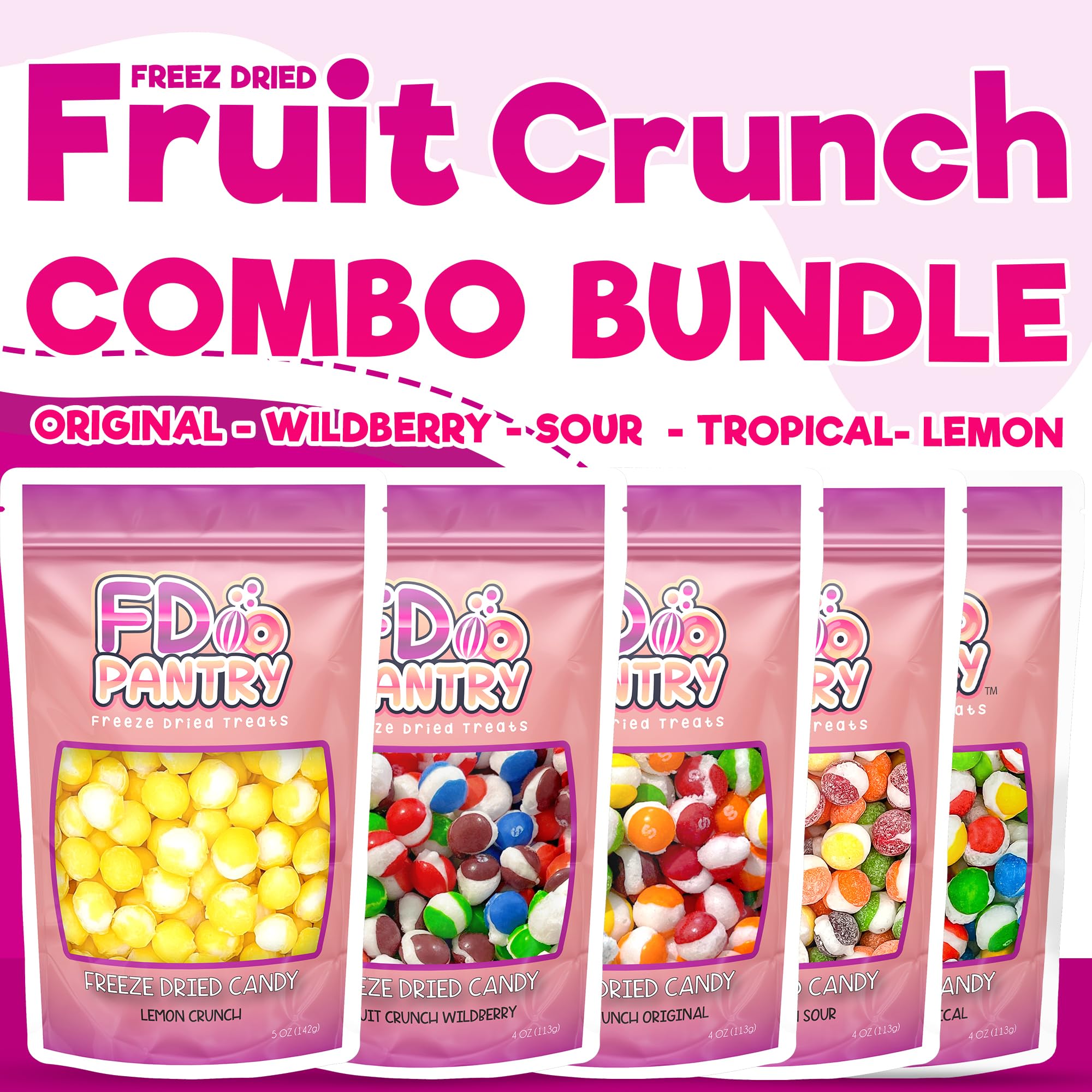 Freeze Dried Candy Variety Pack, Fruit Crunch, 4 oz (5 Pack), Original, Wildberry, Sour, Tropical, Lemon, Assorted Combo, Gift Bag